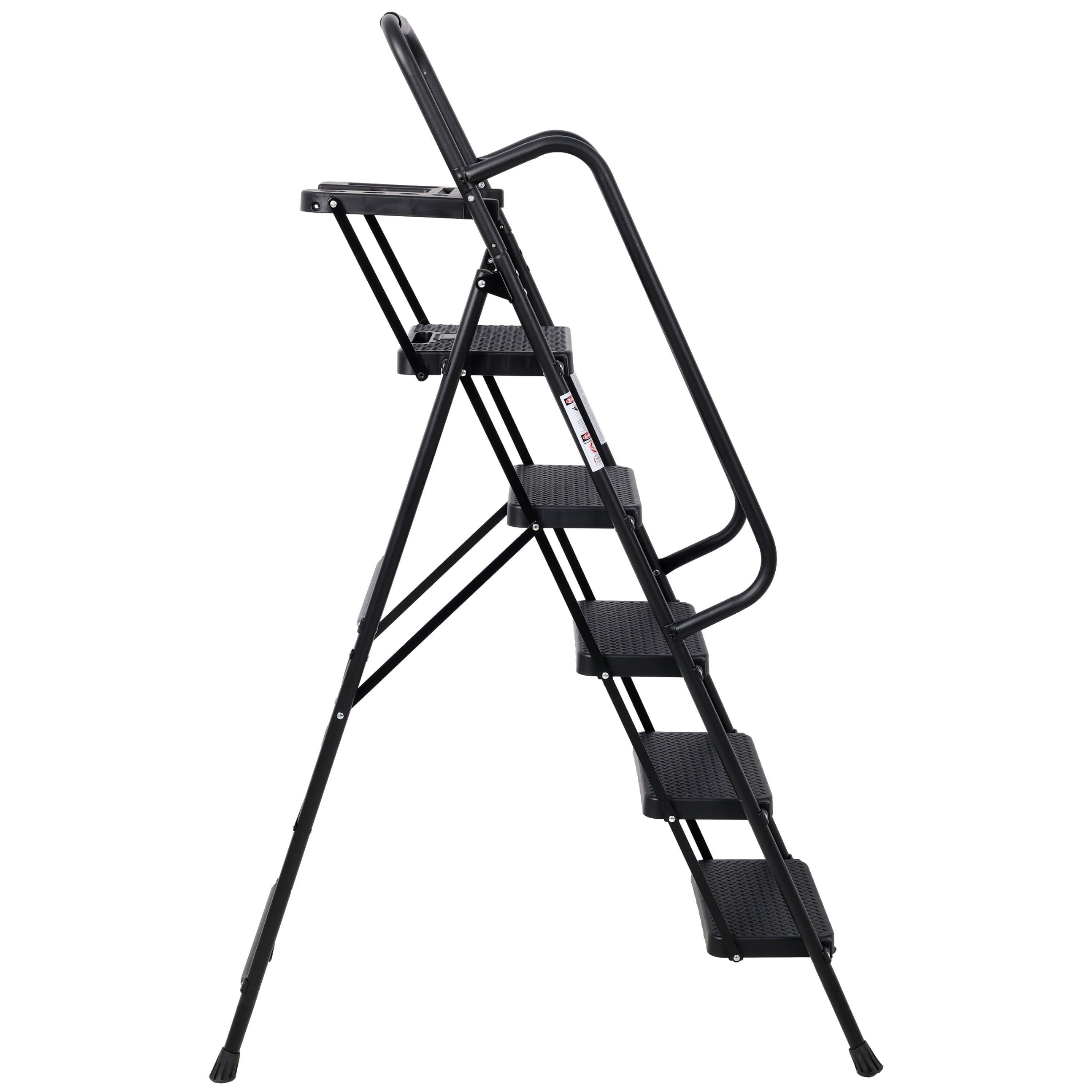 5‑Step Folding Steel Ladder with Tool Platform & Handrail — 330 lb Capacity, Wide Anti‑Slip Pedals, Black