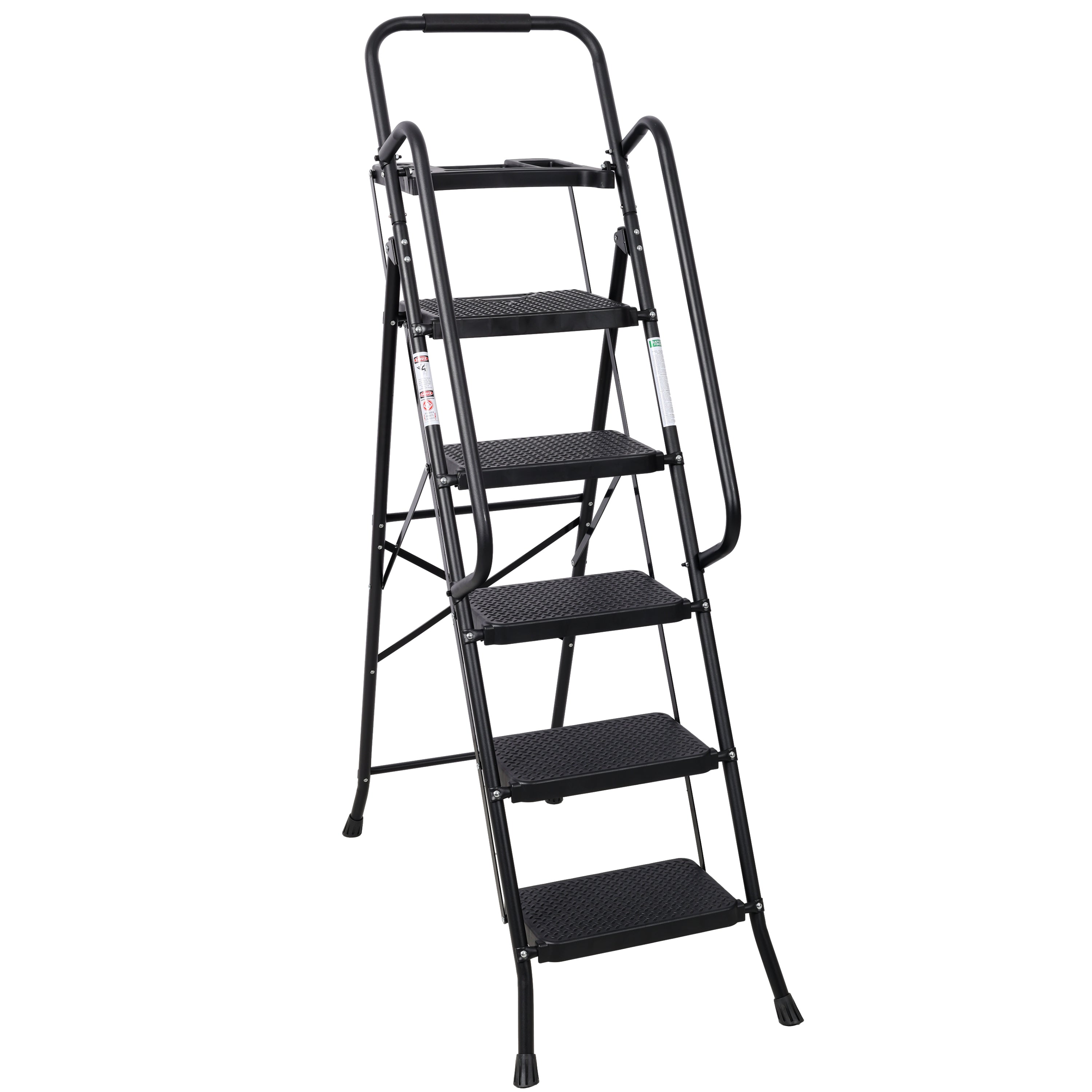 5‑Step Folding Steel Ladder with Tool Platform & Handrail — 330 lb Capacity, Wide Anti‑Slip Pedals, Black