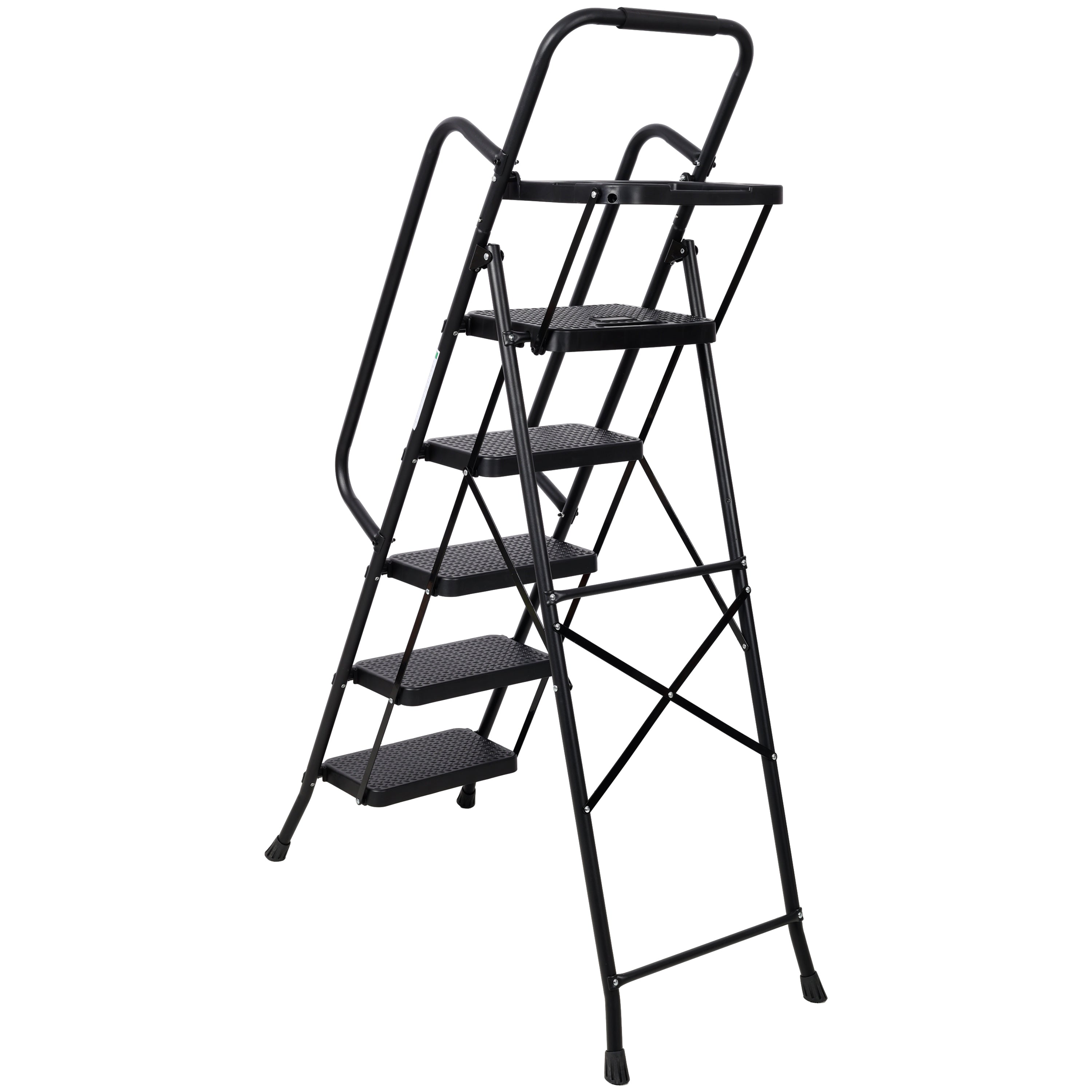 5‑Step Folding Steel Ladder with Tool Platform & Handrail — 330 lb Capacity, Wide Anti‑Slip Pedals, Black