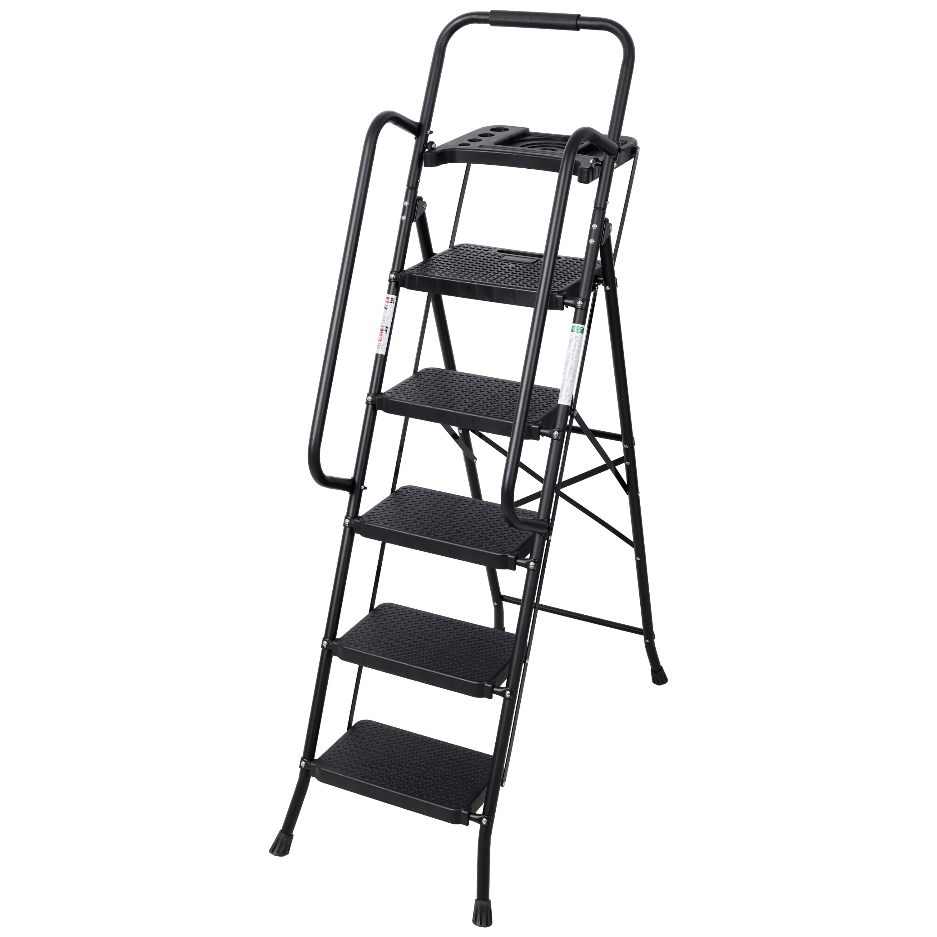 5‑Step Folding Steel Ladder with Tool Platform & Handrail — 330 lb Capacity, Wide Anti‑Slip Pedals, Black