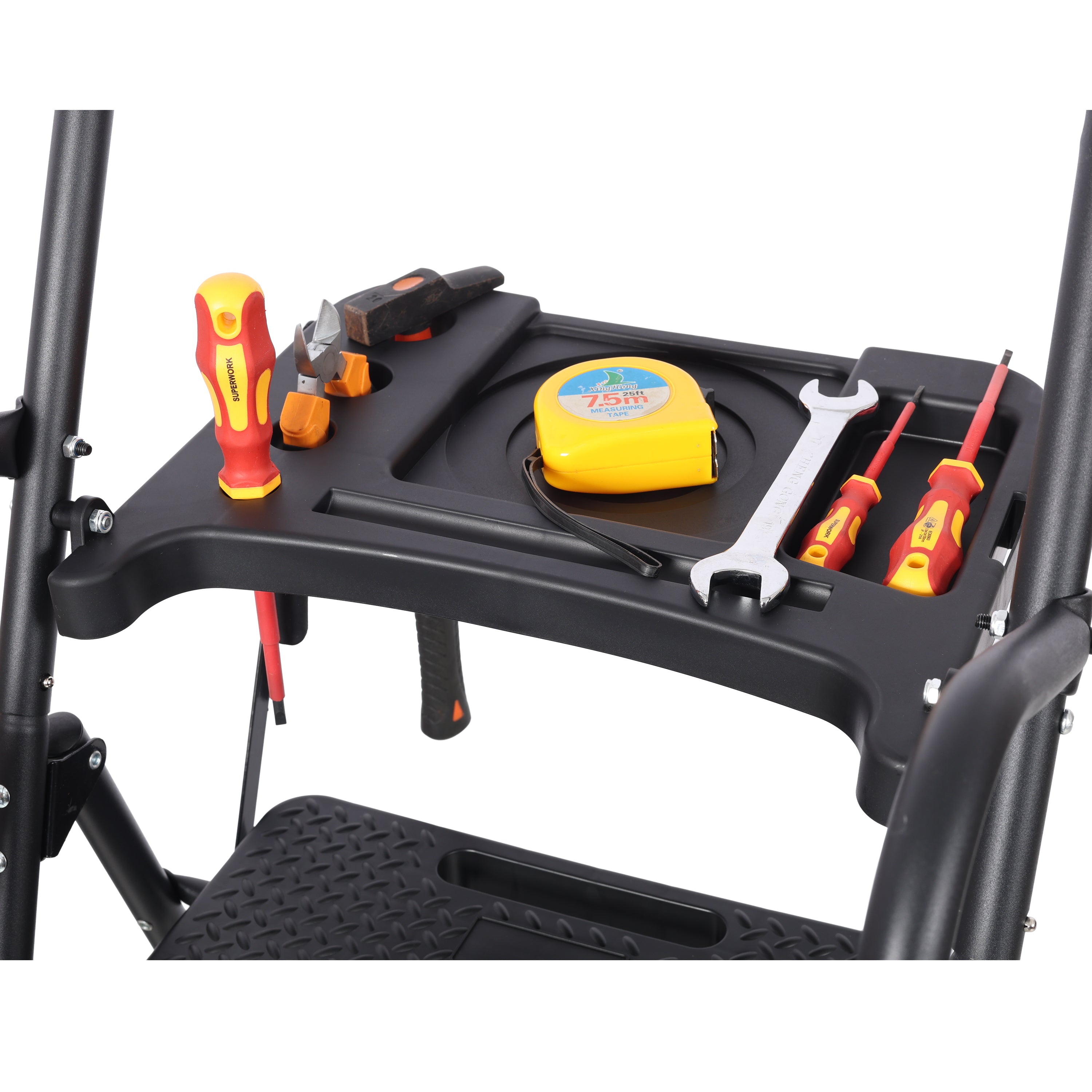 5‑Step Folding Steel Ladder with Tool Platform & Handrail — 330 lb Capacity, Wide Anti‑Slip Pedals, Black