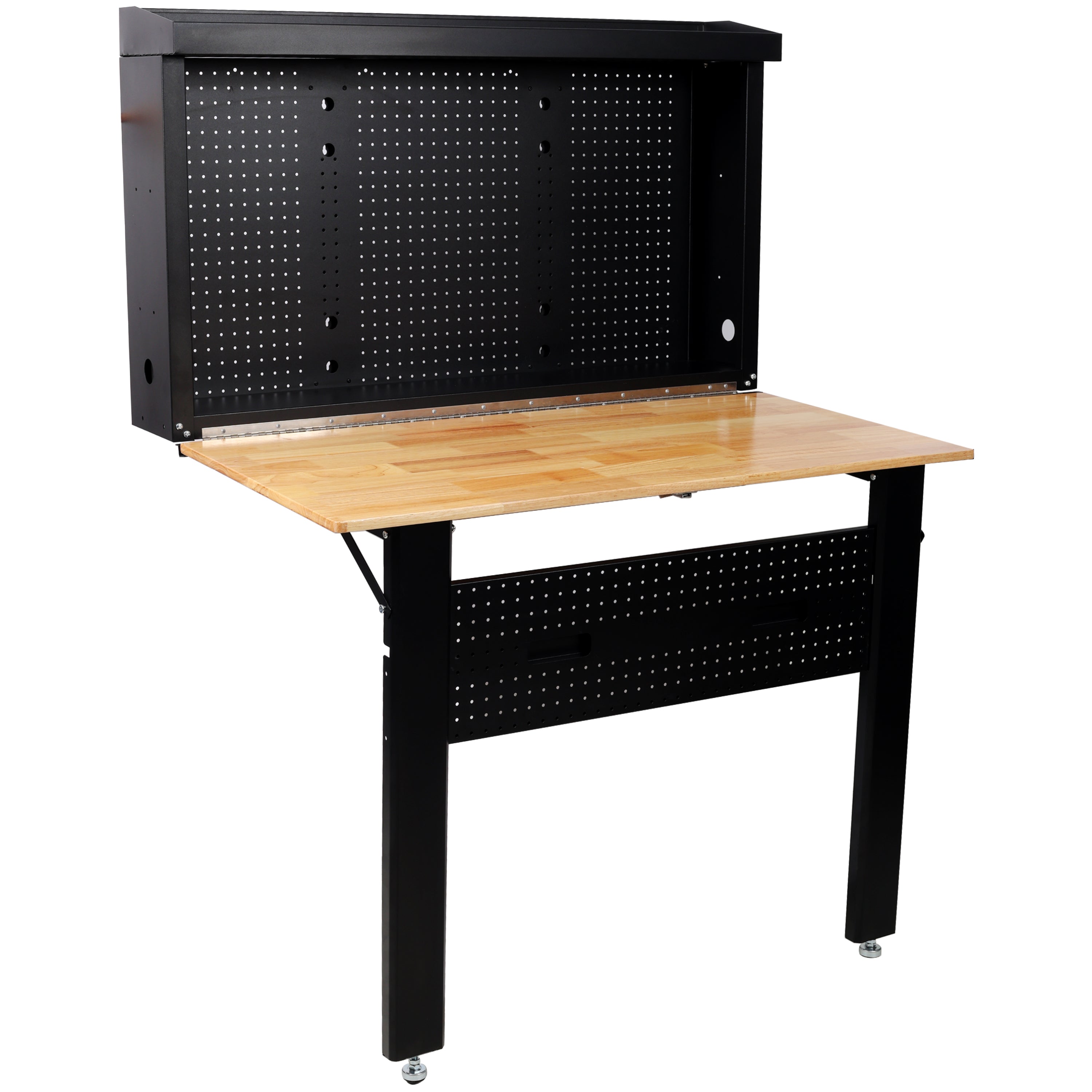 Wall Mounted Folding Workbench with Pegboard, Rubberwood Work Surface, 440 lb Capacity, 47.25"W x 32.5"D