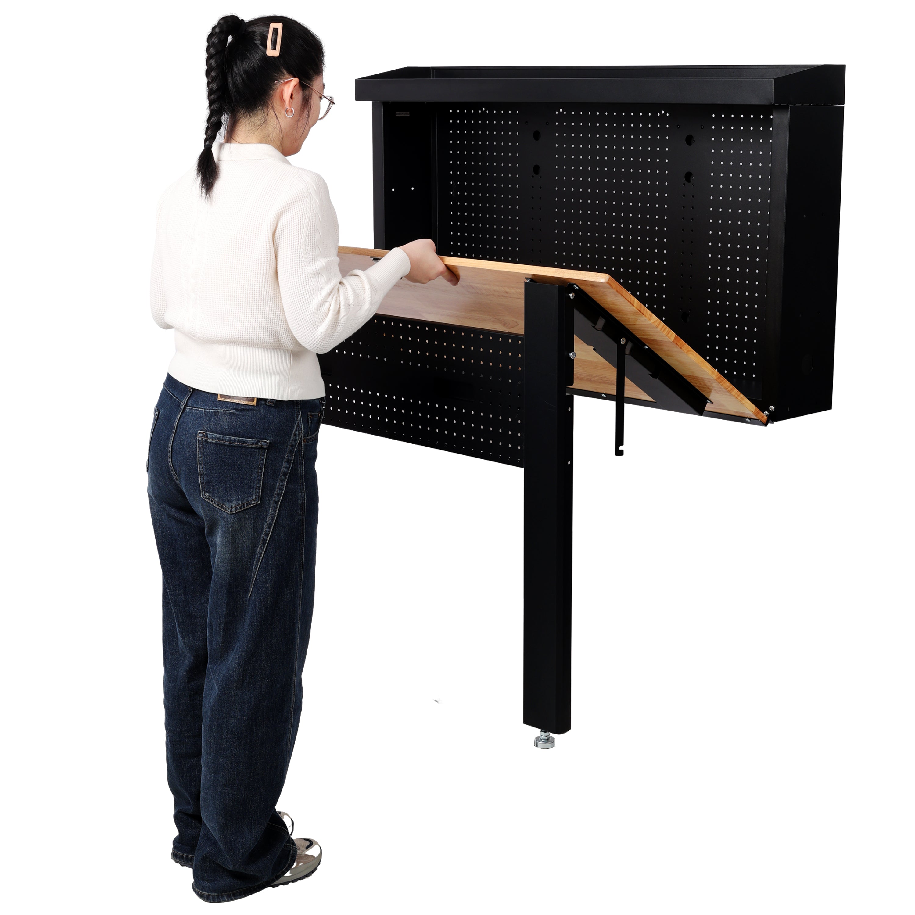 Wall Mounted Folding Workbench with Pegboard, Rubberwood Work Surface, 440 lb Capacity, 47.25"W x 32.5"D