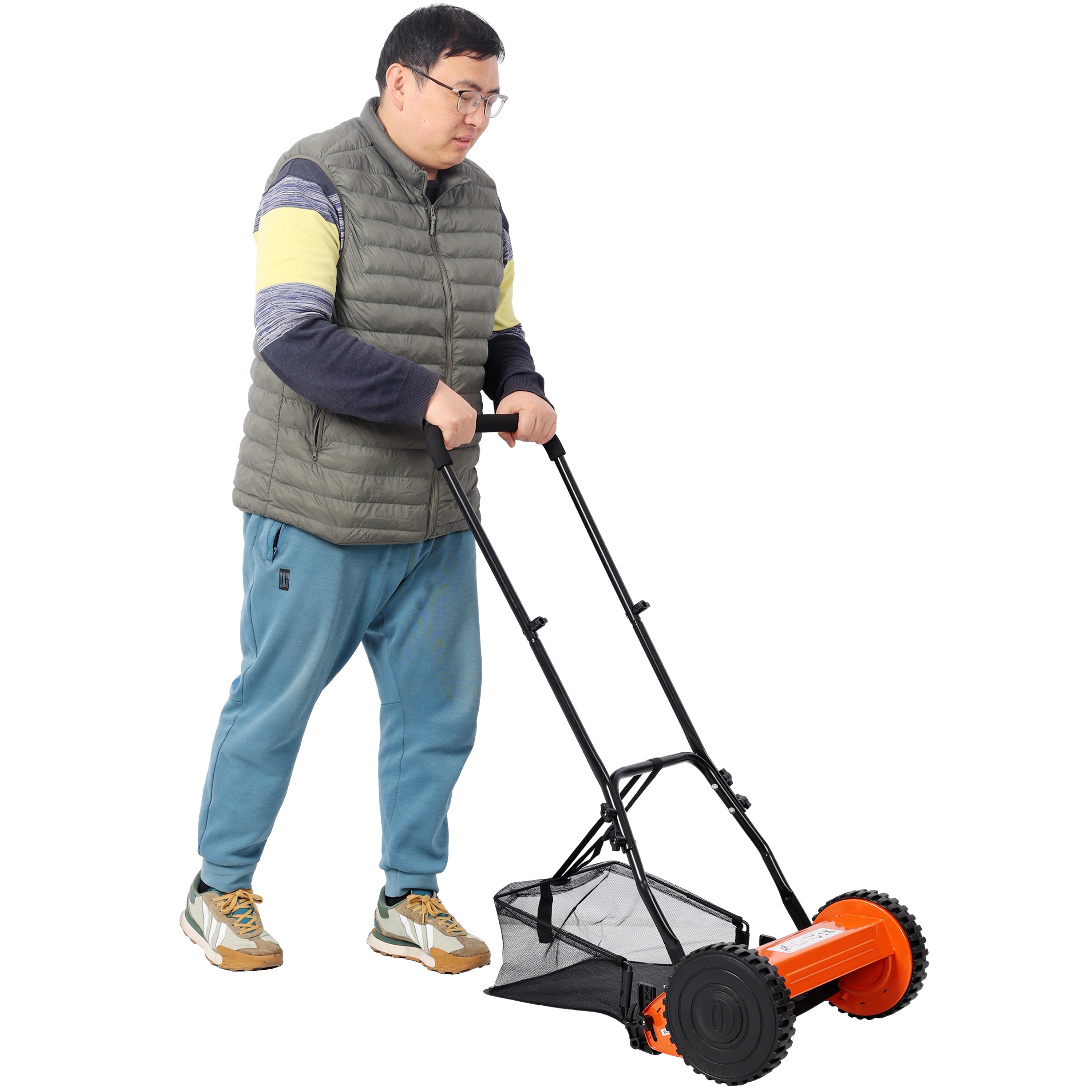 14-Inch 5-Blade Push Reel Lawn Mower with Grass Catcher, ORANGE COLOR