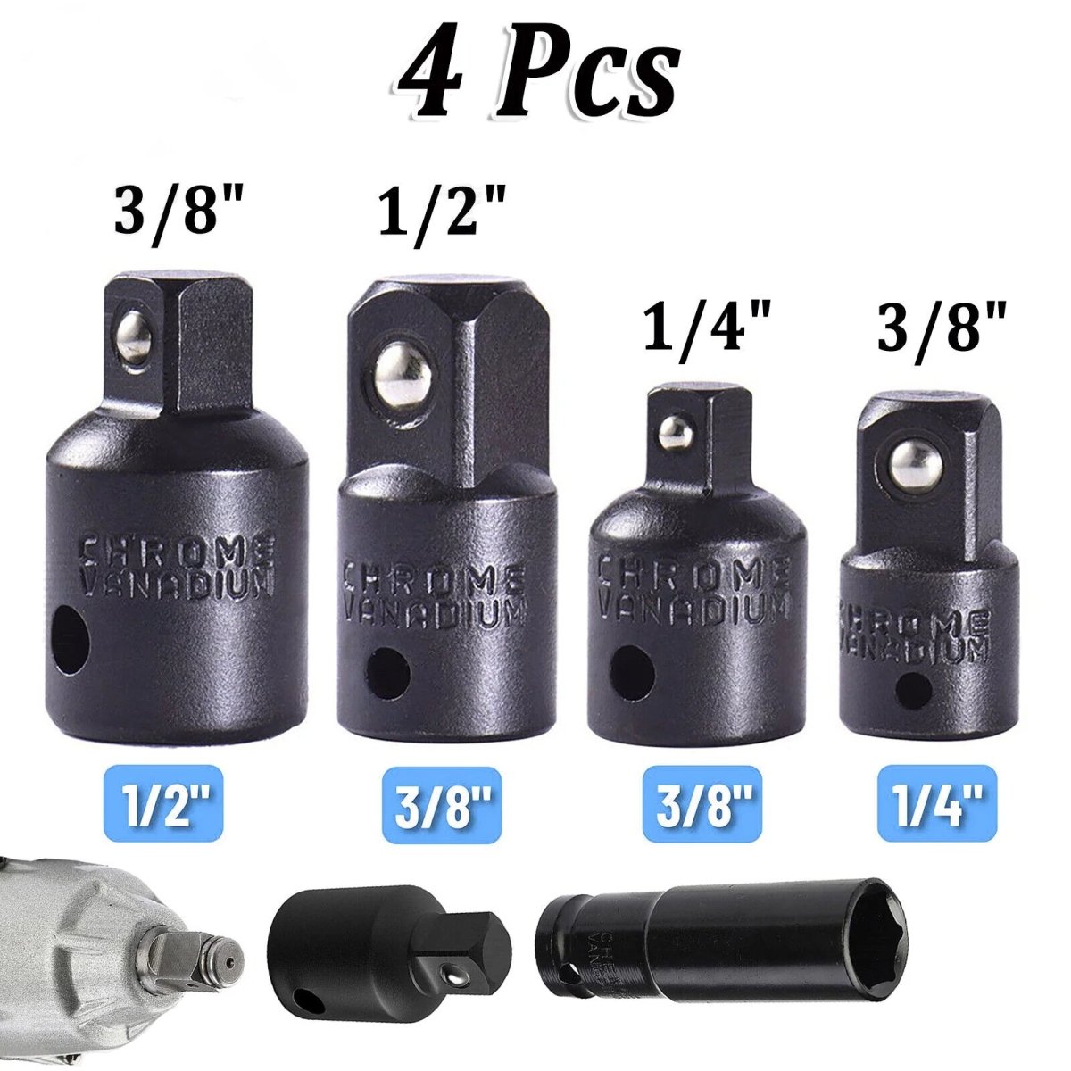 4 Pcs 3/8" to 1/4" 1/2 inch Air Impact Socket Adapter Set Drive Ratchet Reducer - HomeDIYer