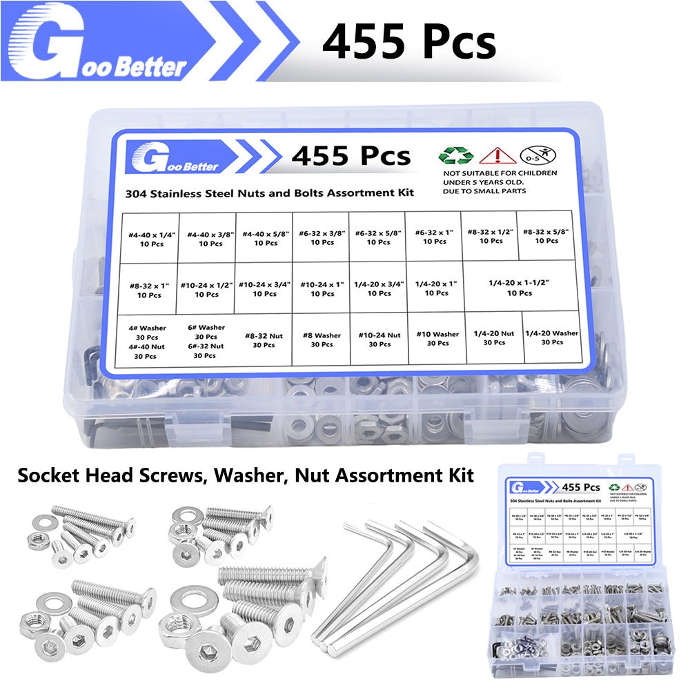 455Pcs Flat Head Socket Screws Washer Nut Assortment Kit 4 6 8 10 1/4'' Steel - HomeDIYer