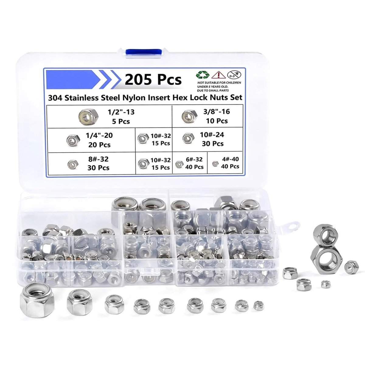 4 - 1/2" Nylon Insert Hex Lock Nuts Assortment Kit 304 Stainless Steel - 205 Pcs - HomeDIYer