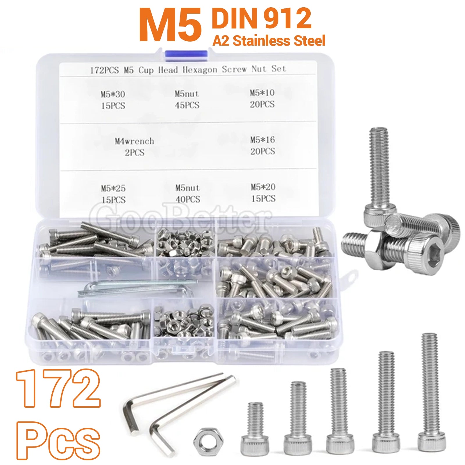 172Pcs M5 Allen Cap Stainless Steel Screws Bolts & Nuts Socket Screw Hex DIN 912 - HomeDIYer