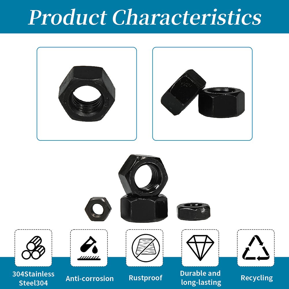 350 Pcs Metric Carbon Steel Black Hex Nuts Assortment Set M2 M2.5 M3 M4 M5 - M12 - HomeDIYer