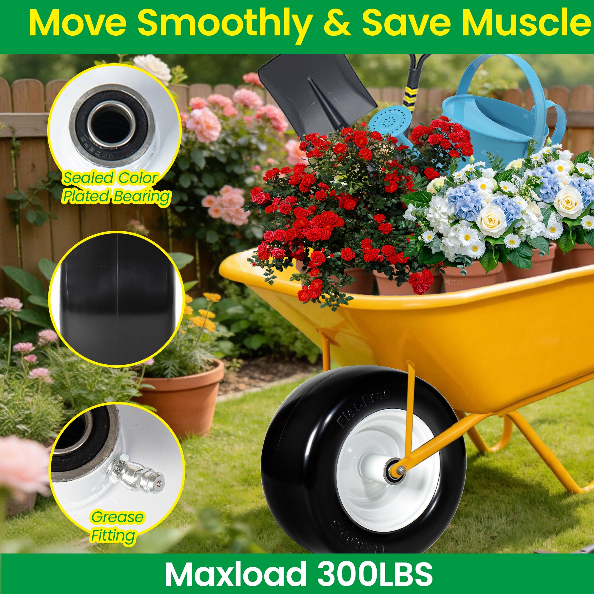(Set of 2) 11x6.00-5 Solid Tire and Wheel – Smooth Tread, 3/4" Bearing, 5.8" Hub, for Zero Turn Mowers & Carts