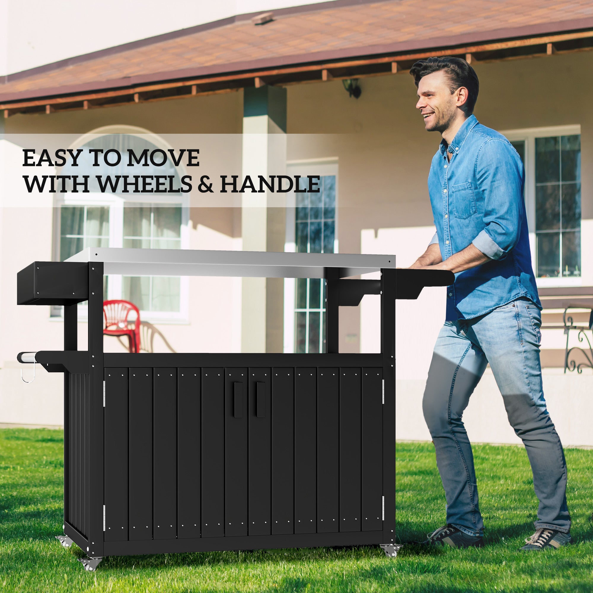 Outdoor Bar Table Top,Outdoor Bar Cart with Storage,Wheeled Kitchen Island for Food Prep