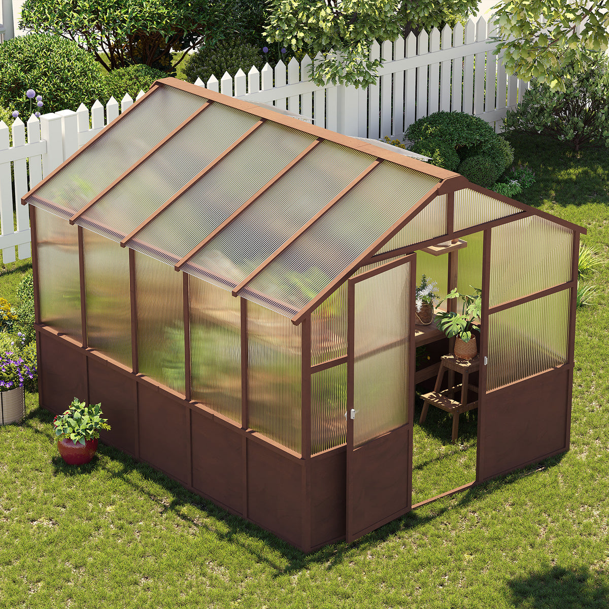 8ft x 10ft Cedar Wood Walk‑In Greenhouse — 6mm Polycarbonate Panels Adjustable Vent & Lockable Door Dark Coffee