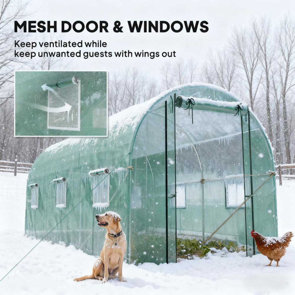 Walk‑In Tunnel Greenhouse with 2 Support Rods — Upgraded Galvanized Steel Frame Mesh Door & Windows Green