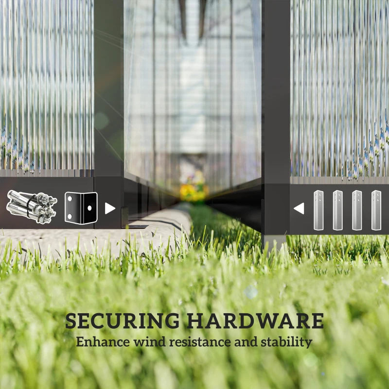 Modern Walk‑In Greenhouse — UPF 50+ Polycarbonate Panels Swing Door Adjustable Roof Vents Black Clear