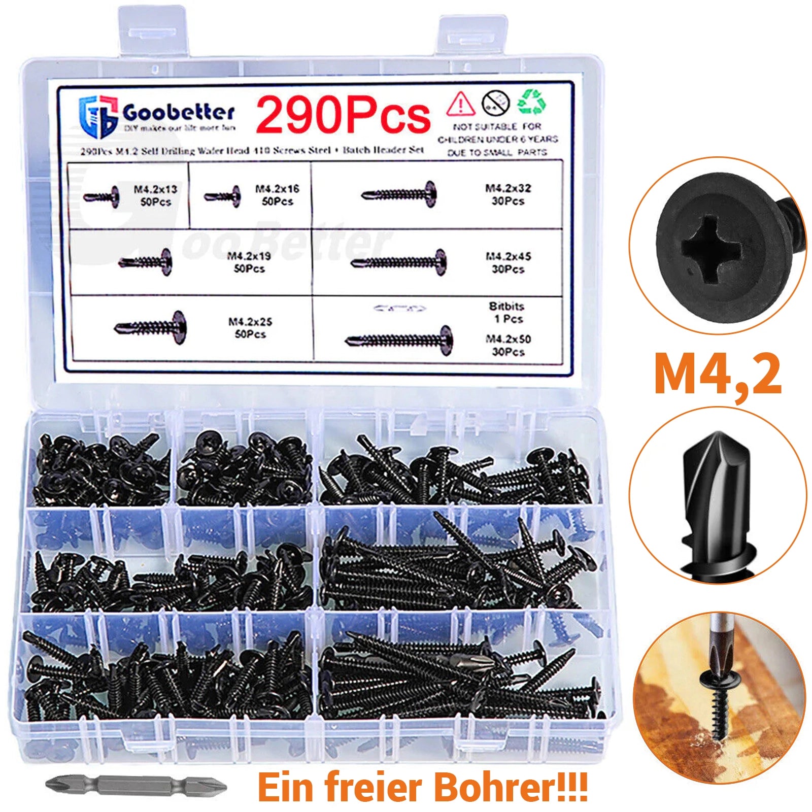 290x M4.2 Phillips Head Self - Drilling Screws Set Self - Tapping Sheet Metal Screws + Drill Bit - HomeDIYer