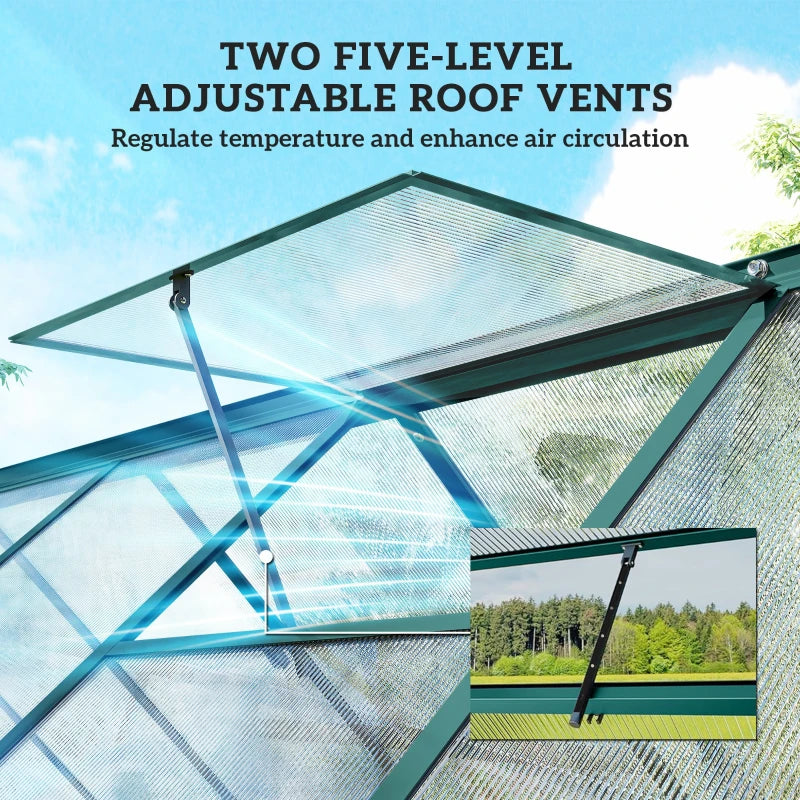 Walk‑In Greenhouse with UPF 50+ Polycarbonate Panels — Adjustable Roof Swing Door Dark Green Clear