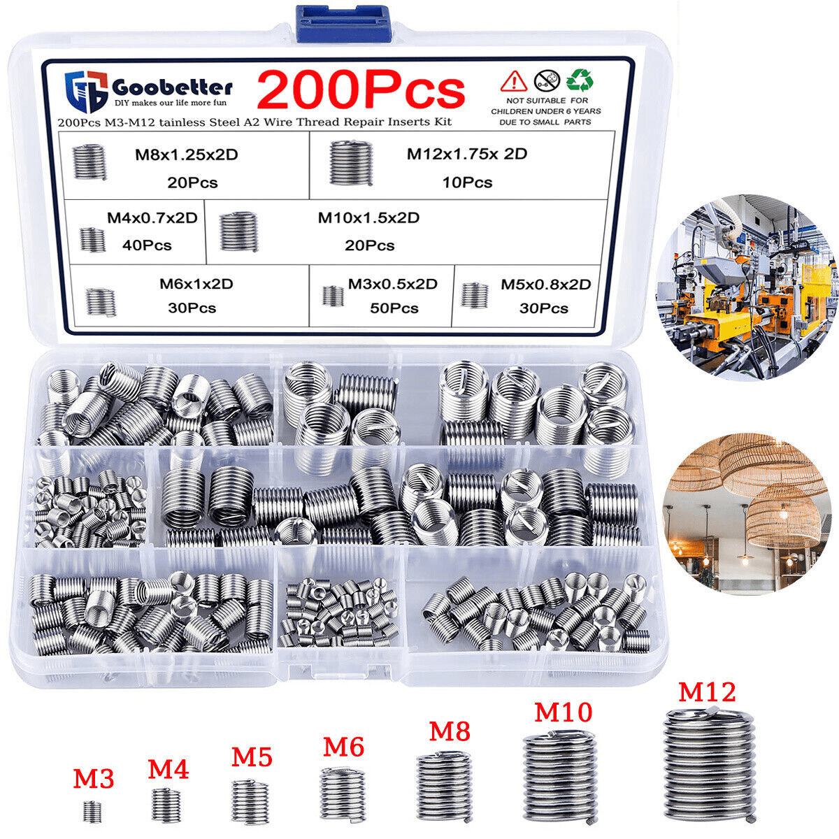 200Pcs M3 M4 M5 - M12 Wire Helicoil Thread Repair Inserts Stainless Steel A2 Kit - HomeDIYer