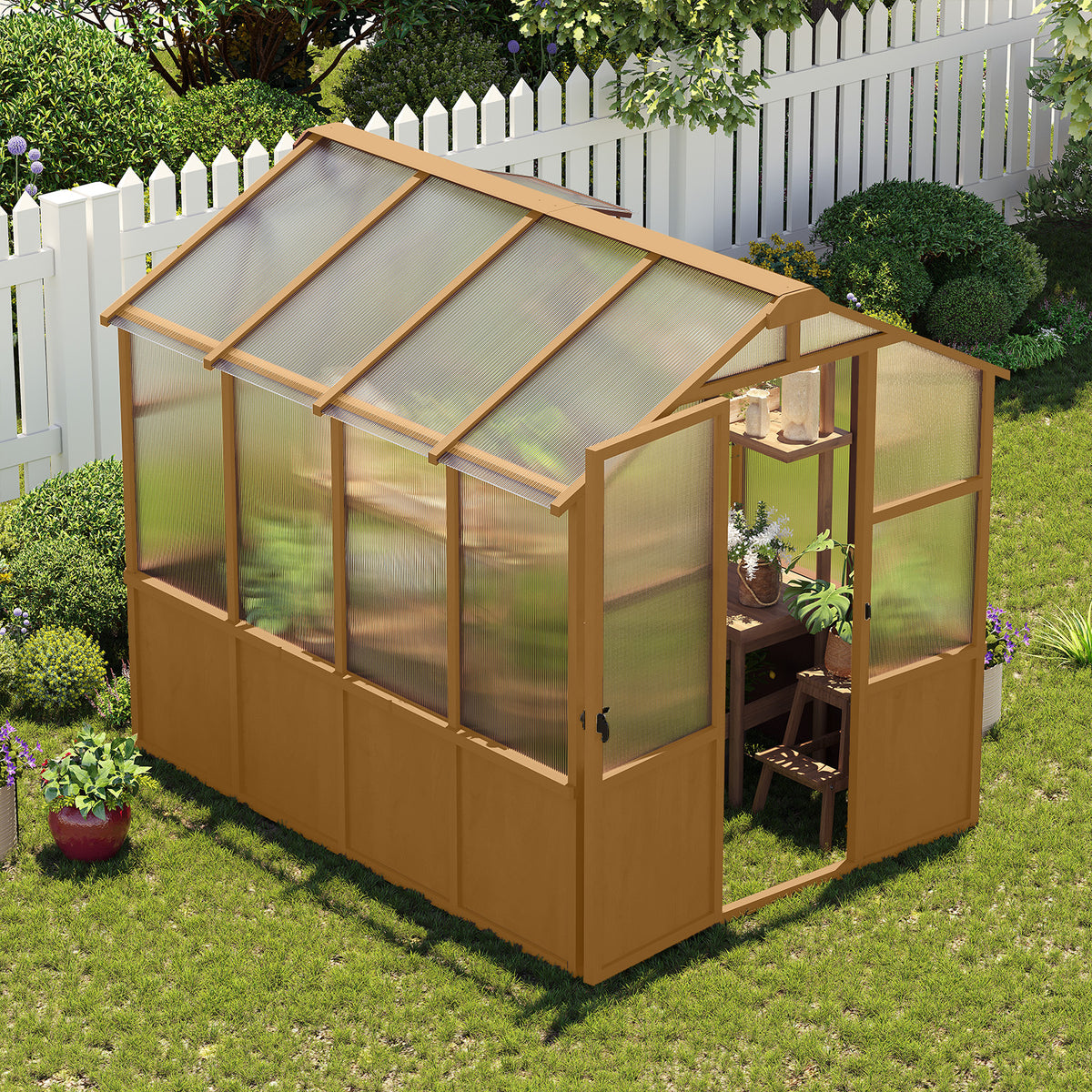6ft x 8ft Solid Wooden Walk‑In Greenhouse — 6mm Polycarbonate Panels, Adjustable Roof Vents & Lockable Door Natural Wood