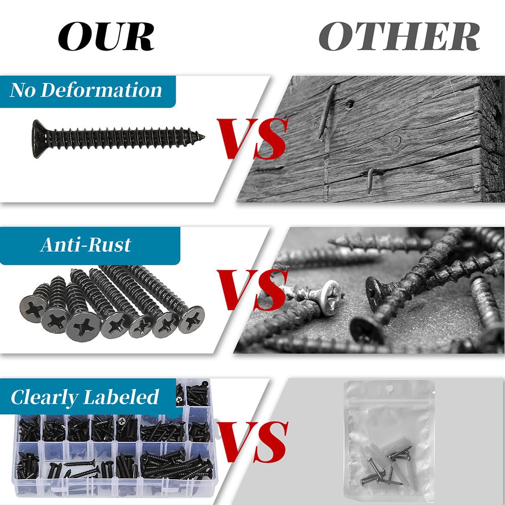 630Pcs Black Phillips Flat Head Sheet Metal Screws Self Tapping Wood Screws Set - HomeDIYer