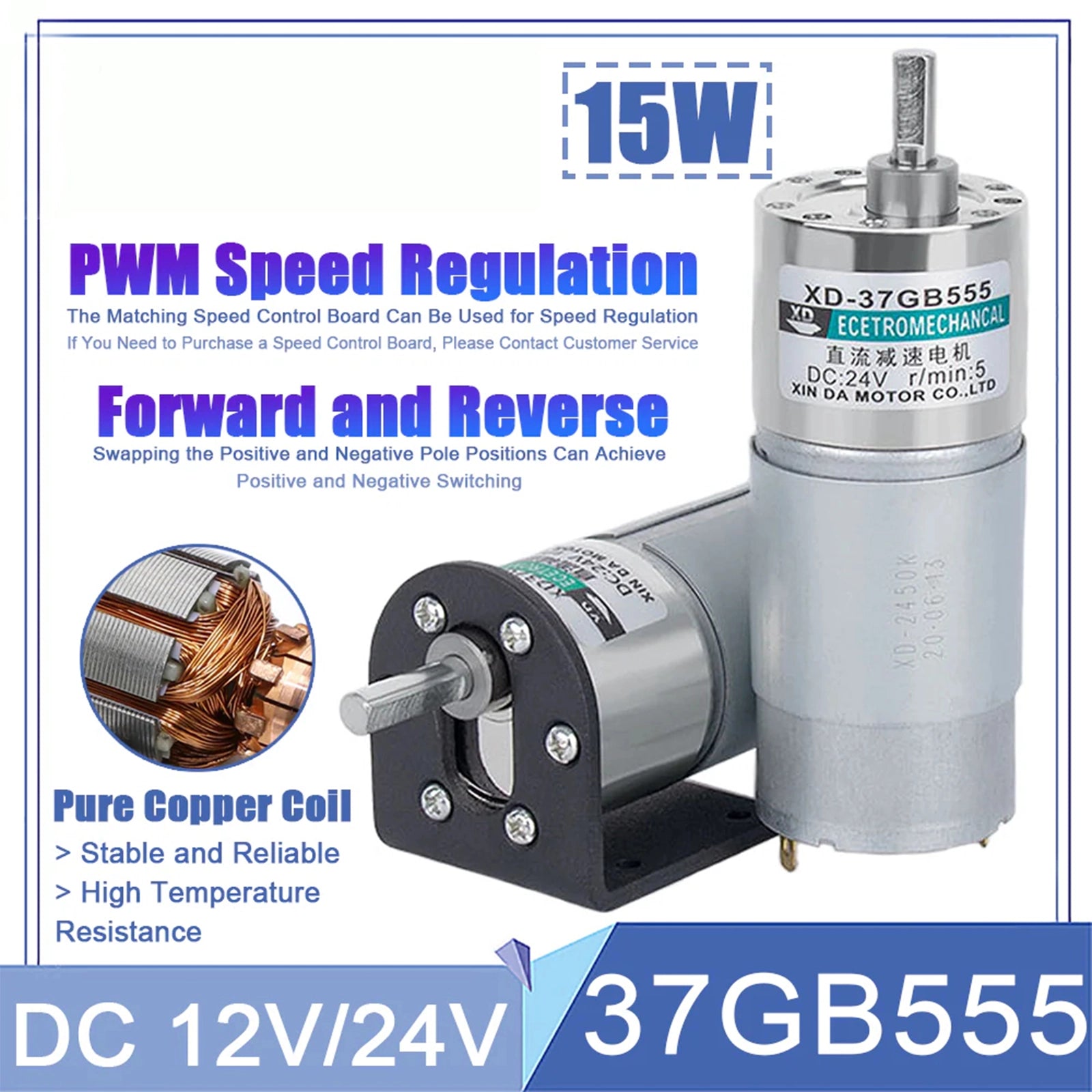 37GB555 Micro DC 12V/24V Metal Gear Gearbox Motor 10 - 600RPM 15W Reduction Motor - HomeDIYer