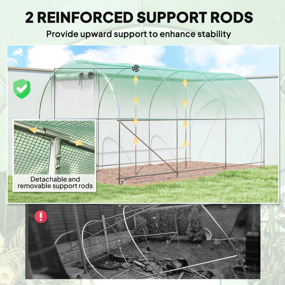Walk‑In Tunnel Greenhouse with 2 Support Rods — Upgraded Galvanized Steel Frame Mesh Door & Windows Green