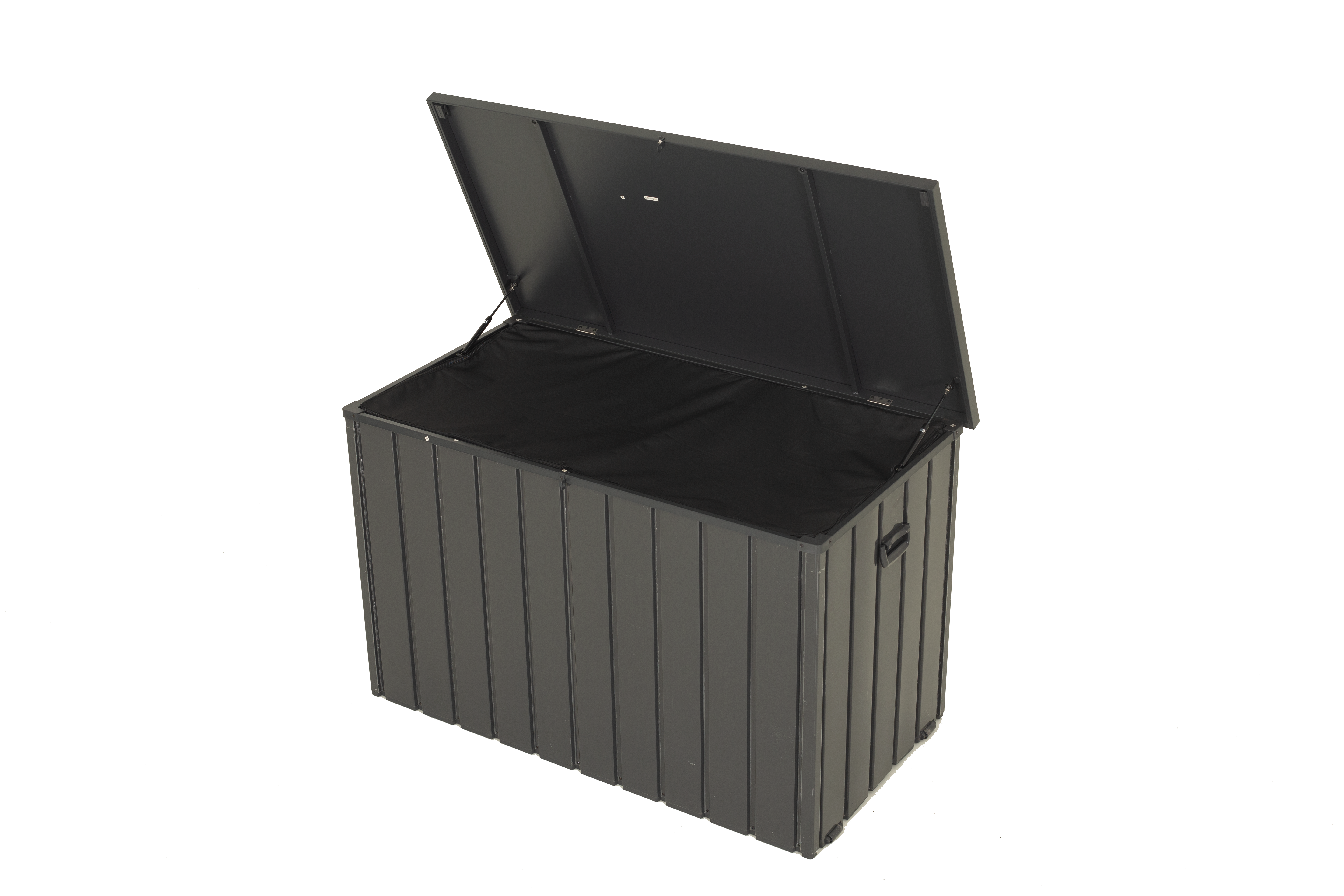 200 Gallon Metal Outdoor Deck Box with Built‑in Oxford Fabric Storage Bag – Waterproof Patio Bench, Dark Gray