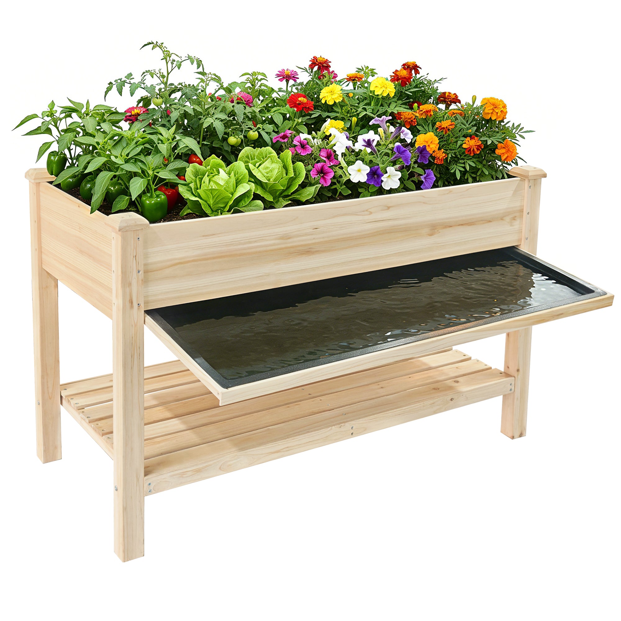 Raised Garden Bed 48x23x31.1" – Elevated Wood Planter with Water Collection Tray & Storage Shelf