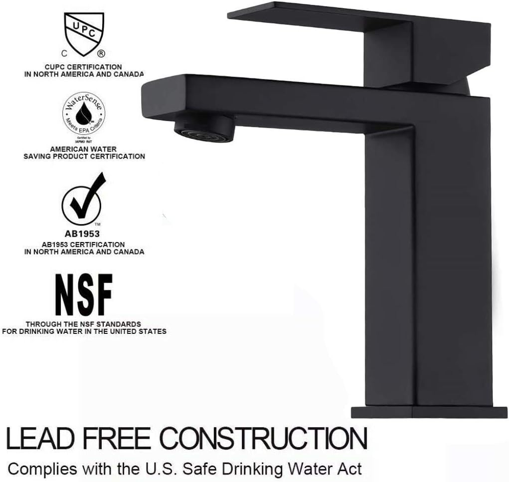 Single Handle Bathroom Faucet, Matte Black Single Hole Bathroom Faucet, Solid Brass Modern Bathroom Sink Faucet Basin Vanity Square Bathroom Faucet with Pop-up Drain & Water Supply Hoses