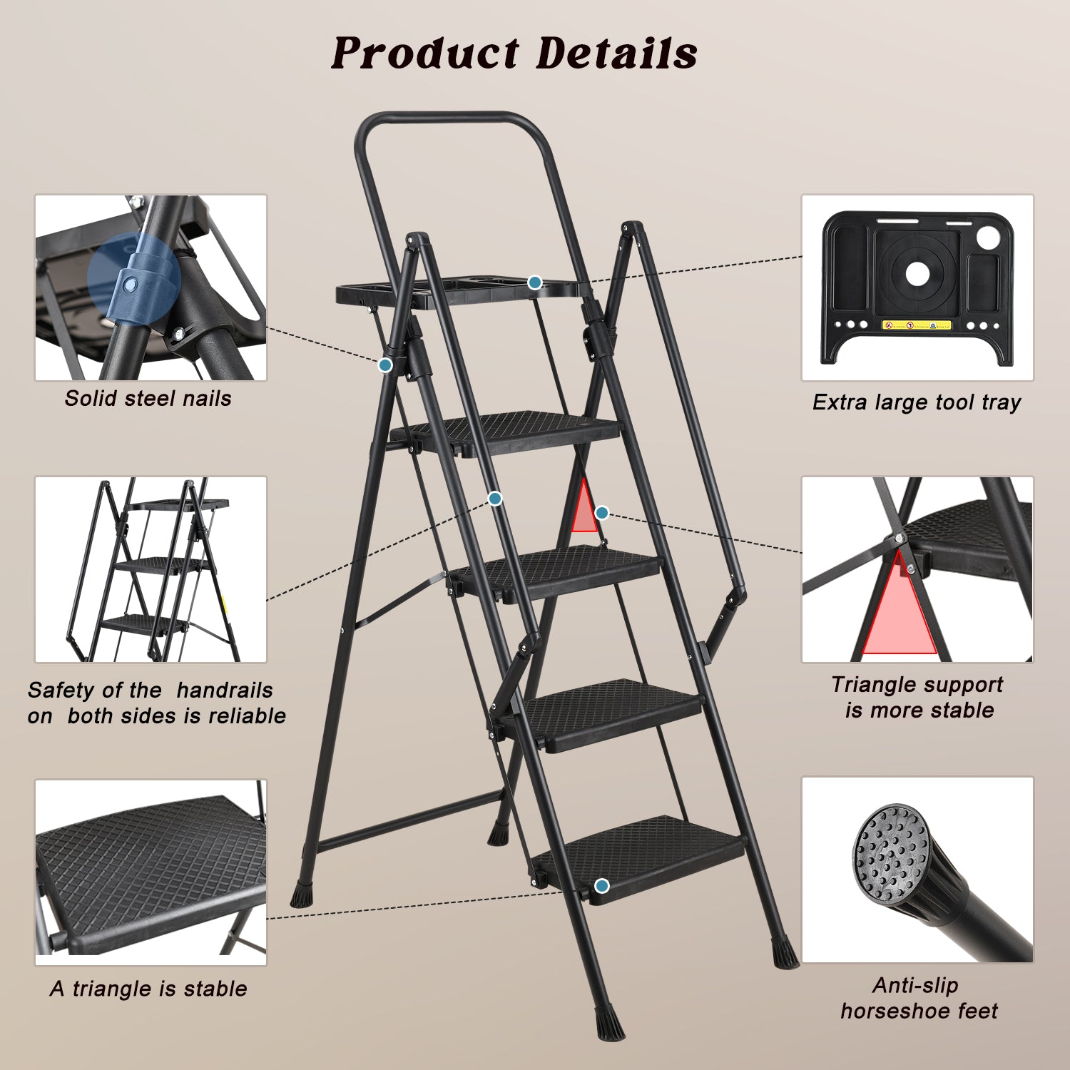 4‑Step Folding Ladder with Non‑Slip Pedals & Tool Tray — 330 lb Capacity, Black Steel, Ideal for Home & Office