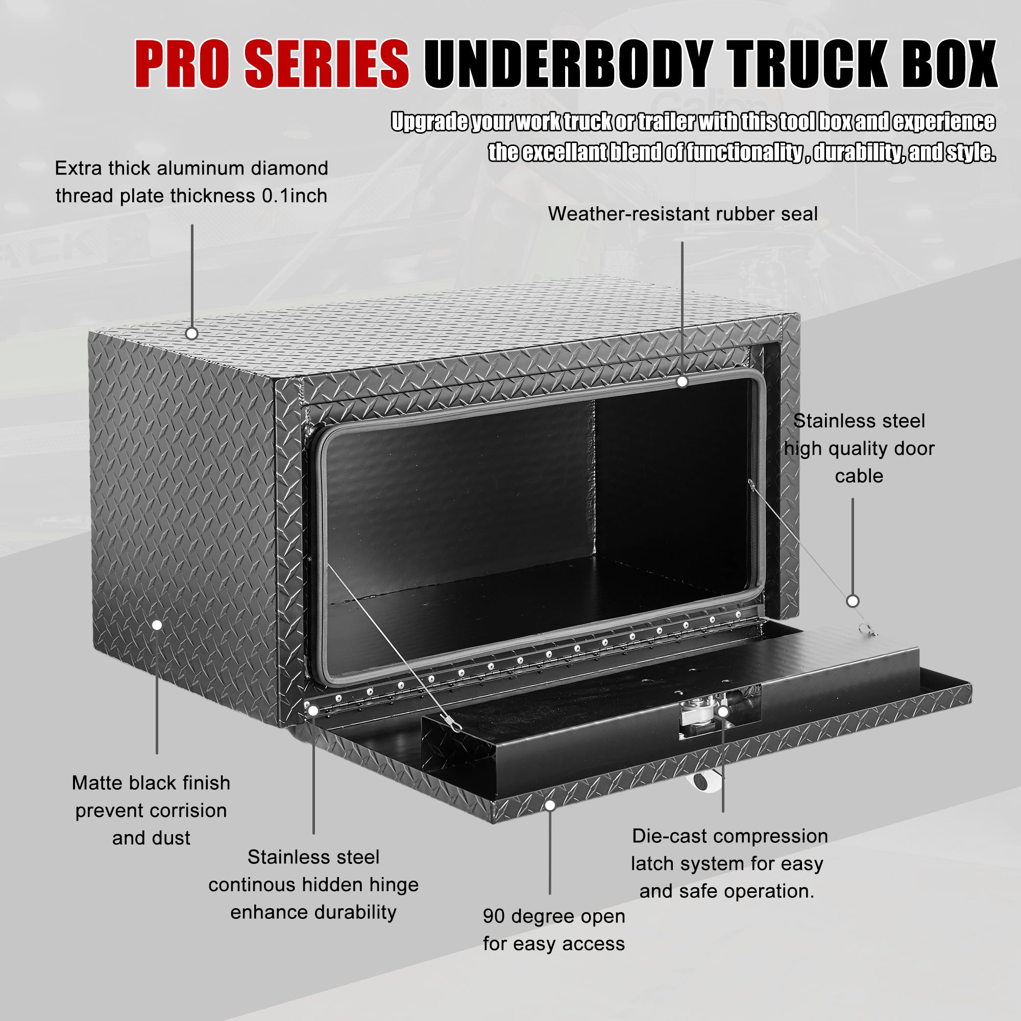 36" Aluminum Underbody Truck Tool Box — Heavy‑Duty Matte Black Diamond Plate, Waterproof & Lockable