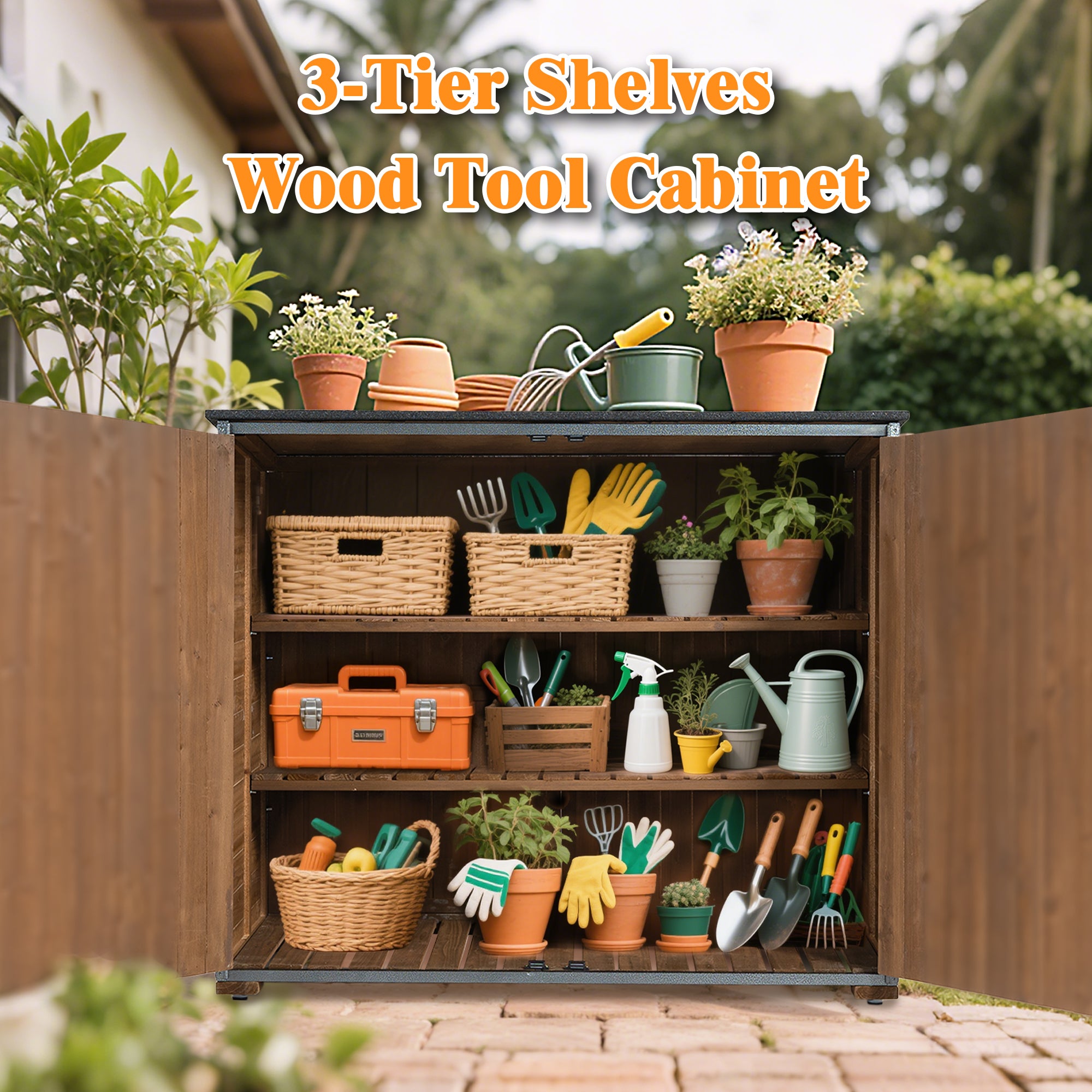 Outdoor Storage Cabinet 50.4"L X 26.8"W X 41"H, Garden Shed Tool Shed with Metal Frame Structure for Backyard Garden Patio Lawn (Brown)