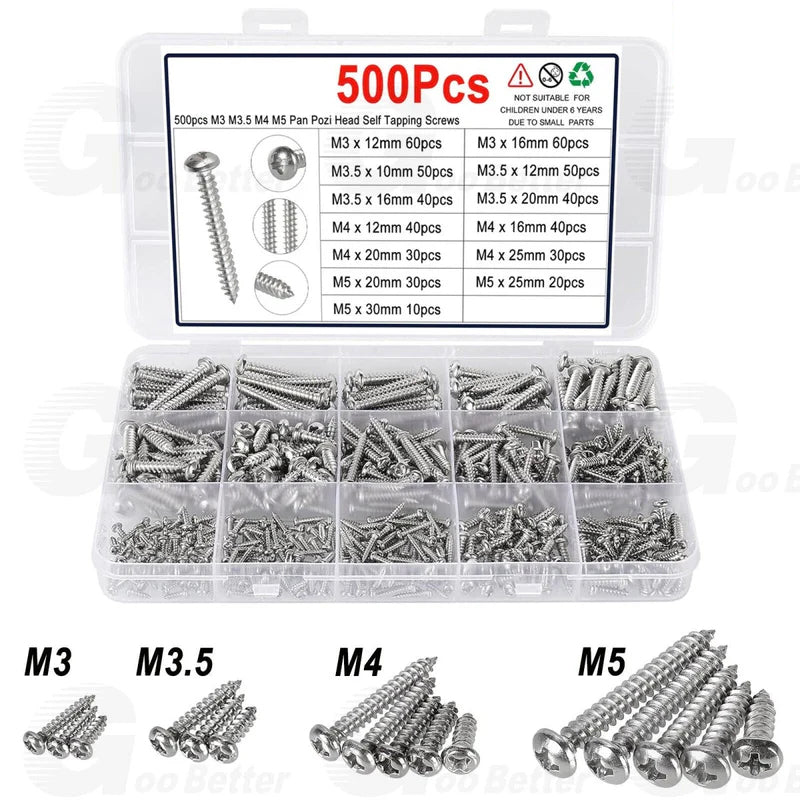 500pcs Assorted Pan Pozi Head Self Tapping Screws Stainless Steel M3 M3.5 M4 M5 - HomeDIYer