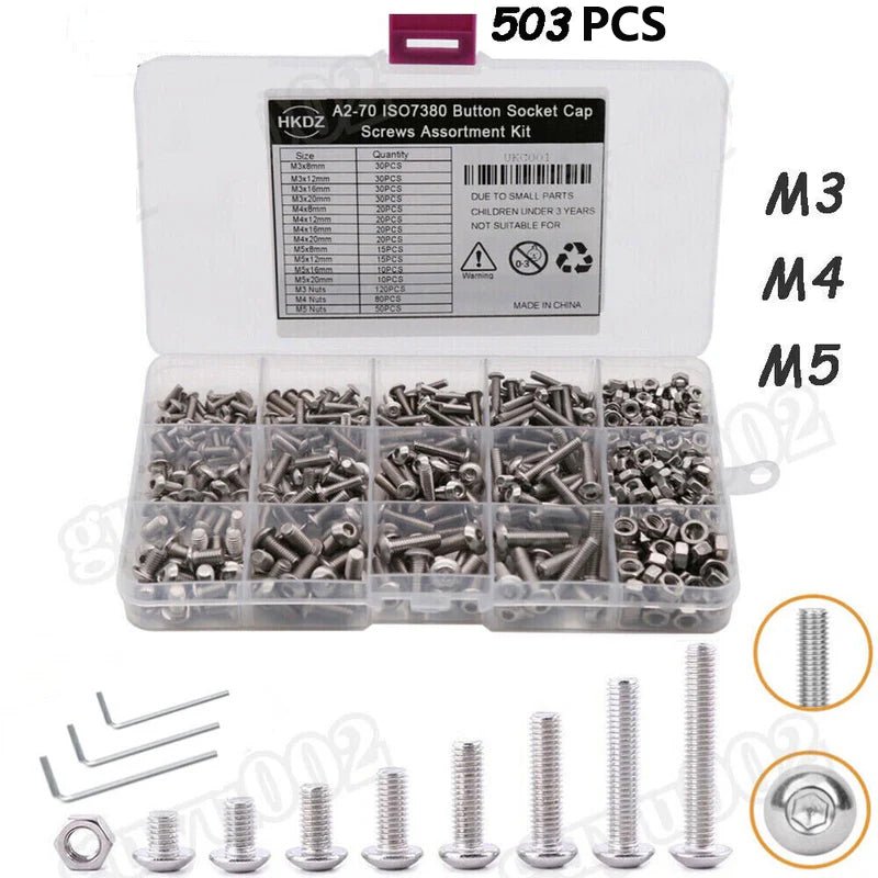 503 Pcs Pan Head Screws Nuts Assortment Set Stainless Steel Hexagon Socket M3 M4 M5 - HomeDIYer
