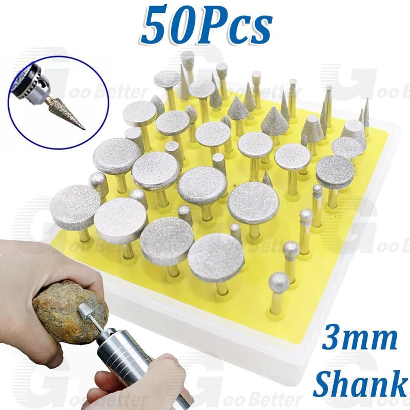 50Pcs Diamond Burr Stone Carving Grinding Bits 1/8'' Shank for Dremel Rotary Tool - HomeDIYer