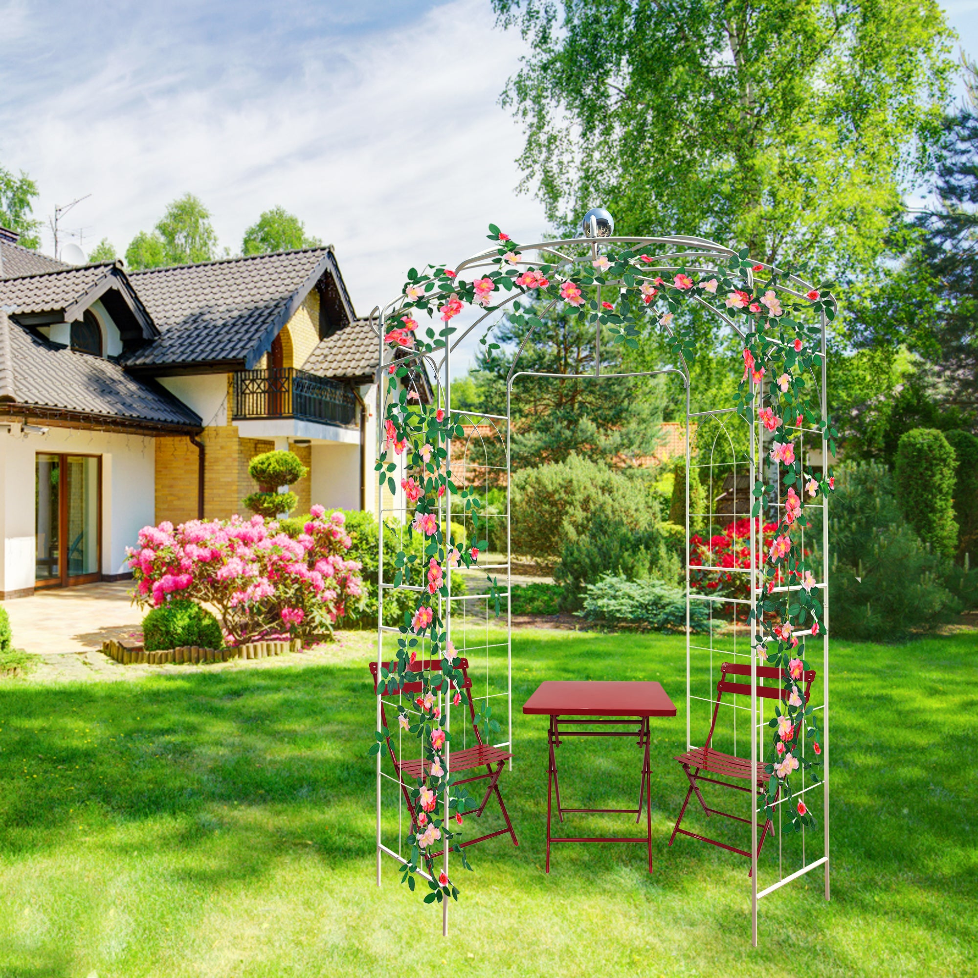 Metal Garden Arch Iron Garden Arbors Gazebo Dia 81.3'' x 114.2'' High Birdcage Shape Pergola Pavilion for Wedding Ceremony Cream White