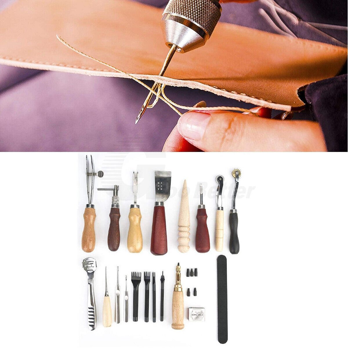 18Pcs Leather Craft Tool Set DIY Stitching Sewing Punch Carving Working Hand Kit - HomeDIYer