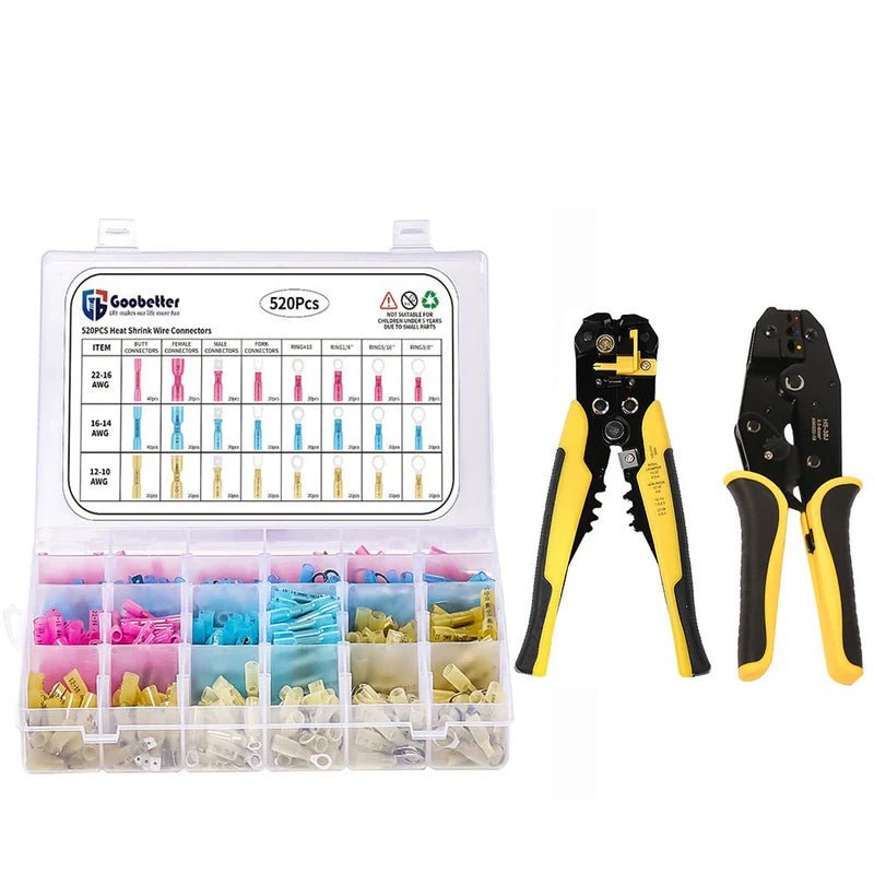 520PCS Marine Grade Heat Shrink Spade Connectors,16 - 14 22 - 16 12 - 10 Gauge Crimp Insulated+Crimping Tool+Self - Adjusting Wire Stripper (3 Colors) - HomeDIYer