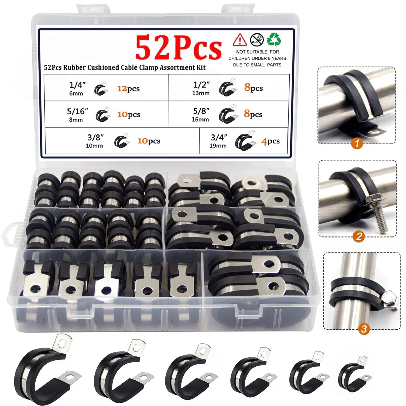 52pcs Cable Clamps Rubber Insulated Clamp Stainless Steel Fuel Line Tubing Clamp