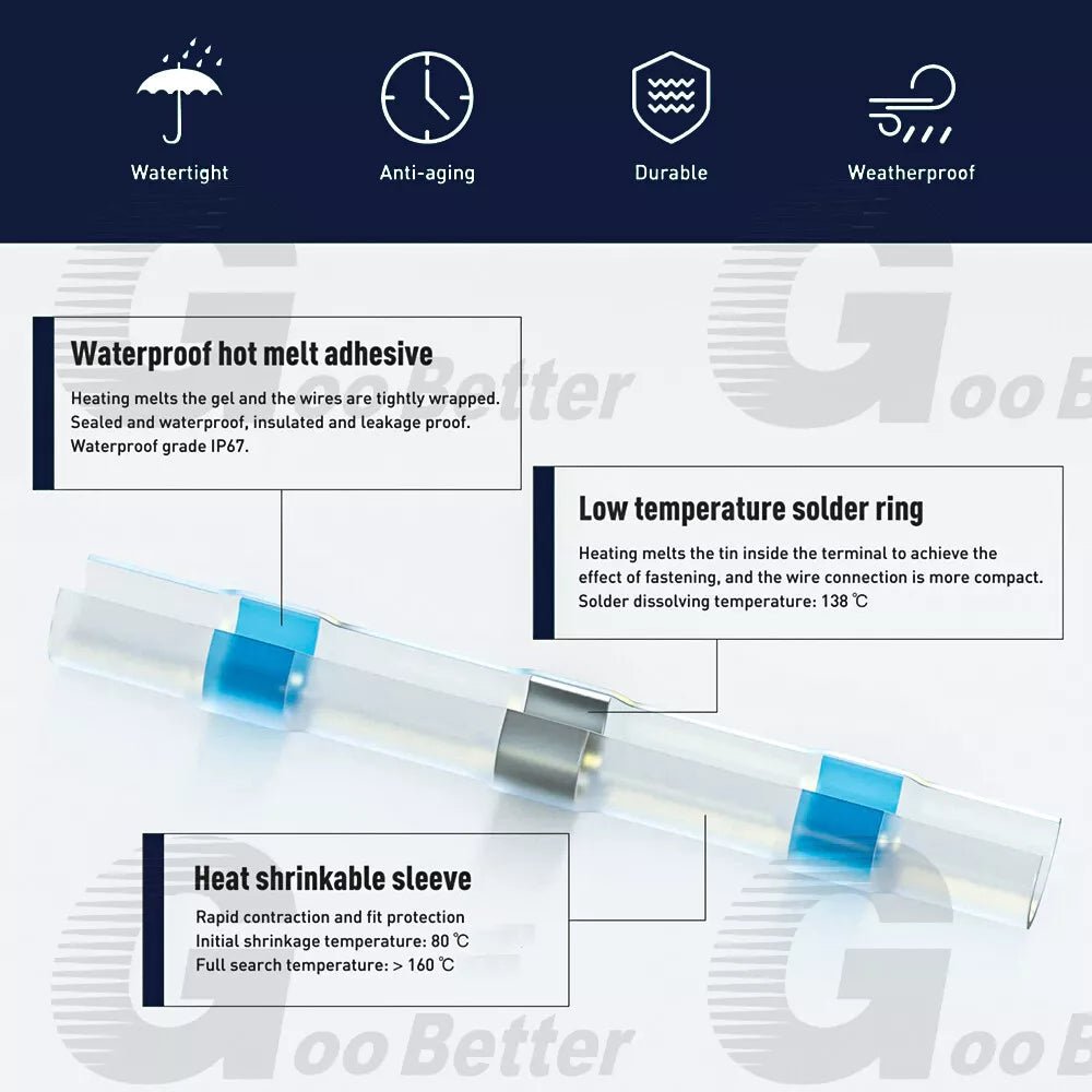 50x Blue Waterproof Heat Shrink Butt Terminals Solder Seal Wire Connector Bagged - HomeDIYer