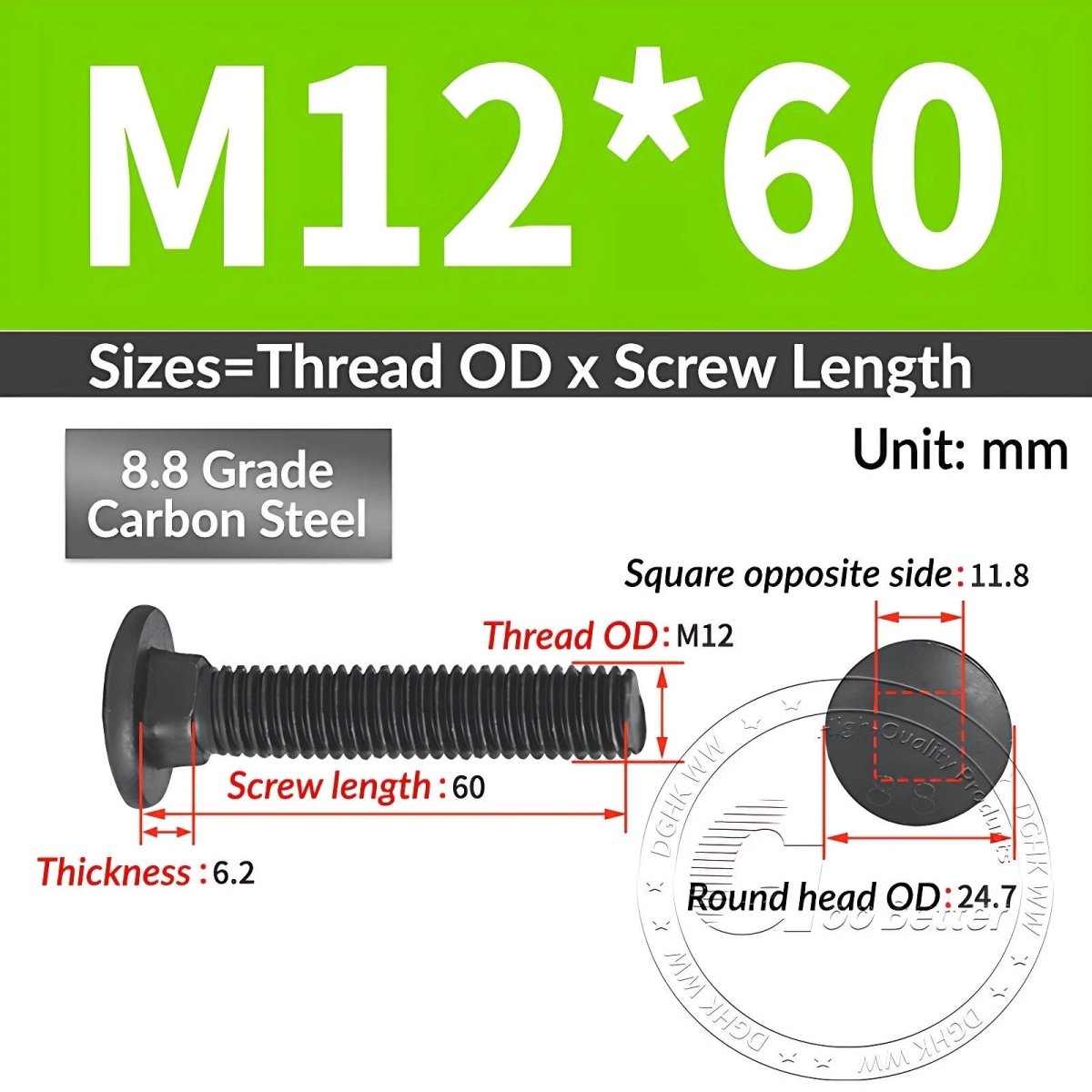 Black 8.8 Grade Steel Carriage Bolts | Cup Square Dome Head | M6–M24 - HomeDIYer