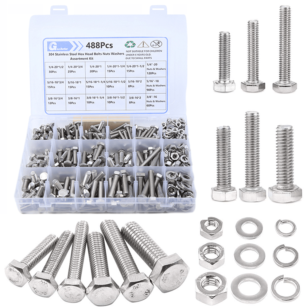 488Pcs 1/4'' - 3/8'' UNC Outer Hex Bolt, Washer, Nut Combination Kit Stainless Steel - HomeDIYer