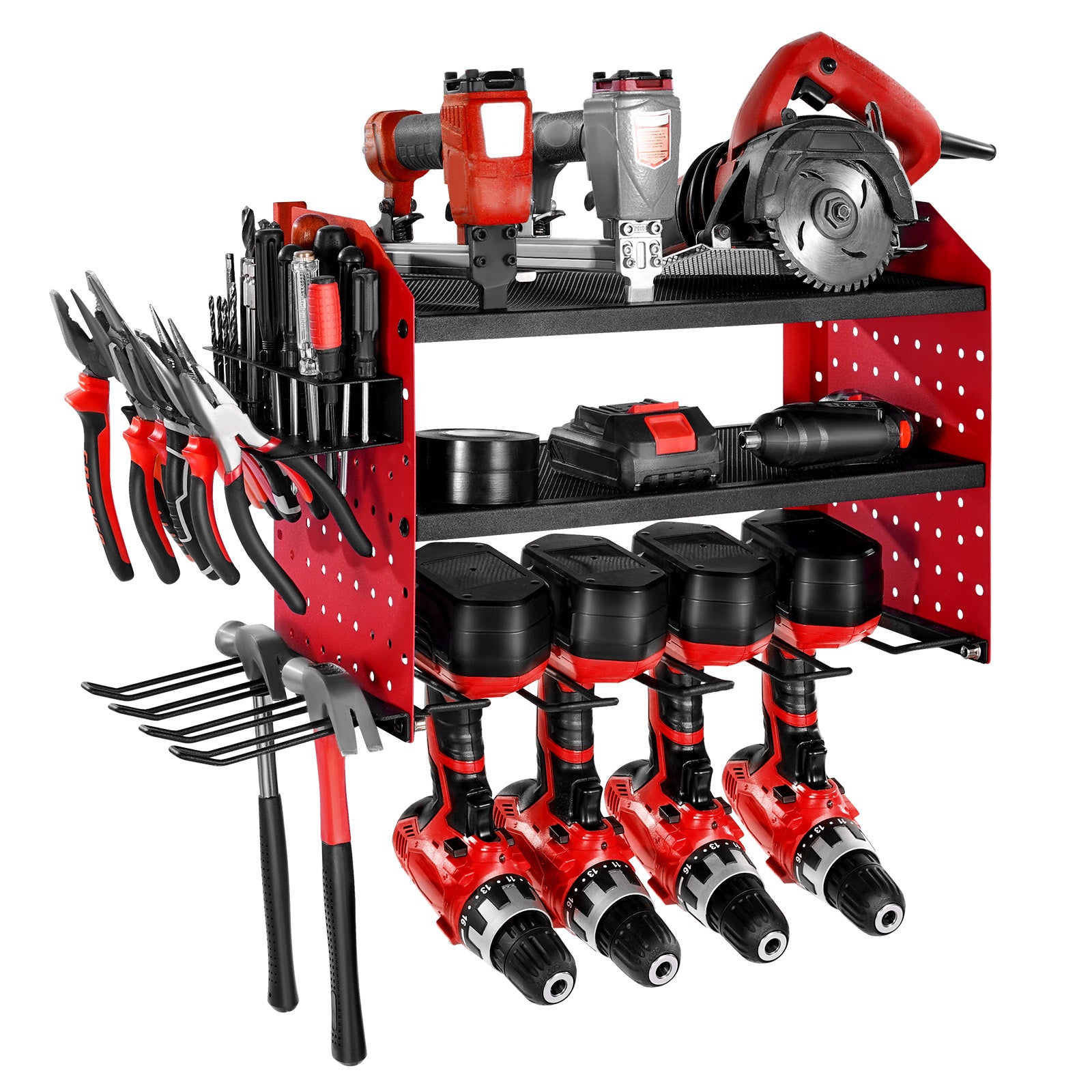 Wall Mount Power Tool Organizer, 3-Tier Rack with 4 Drill Holders & Side Pegboards, 100 lb Capacity, Q235 Steel, Red