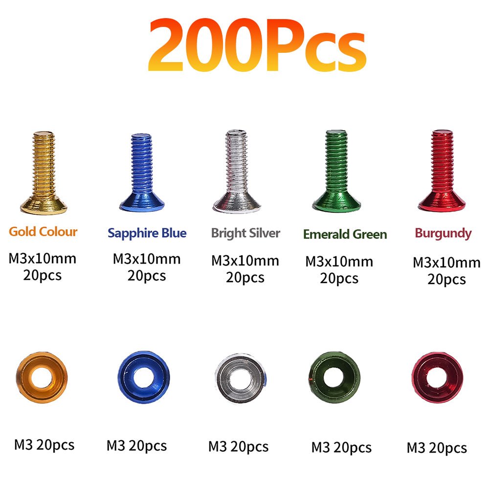 200Pcs Aluminium Alloy Hex Socket Countersunk Flat Head Screw & Washers Assortment Set Gold Colour To Burgundy - HomeDIYer