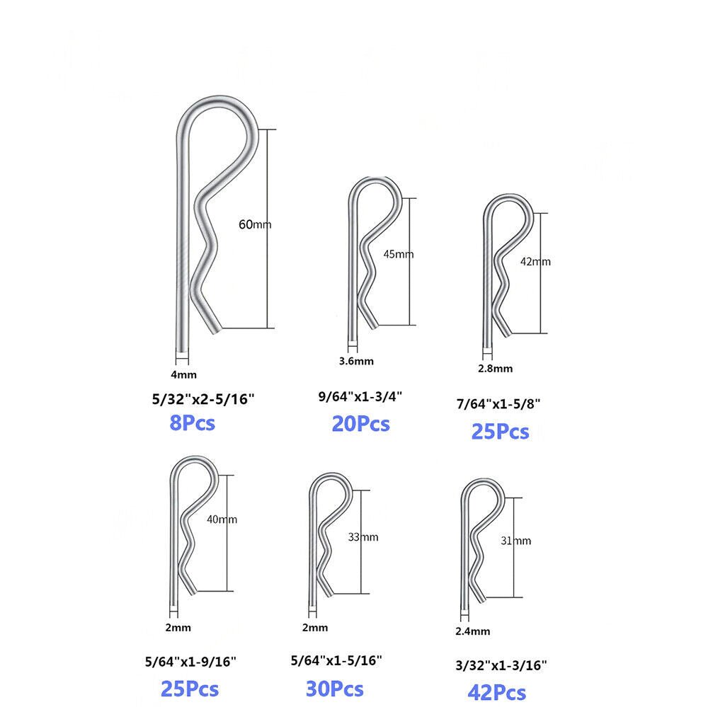 3/32'' - 5/32'' R - Shaped Cotter Pin Assortment Kit Zinc Plated Hair Pins - 150 Pcs - HomeDIYer