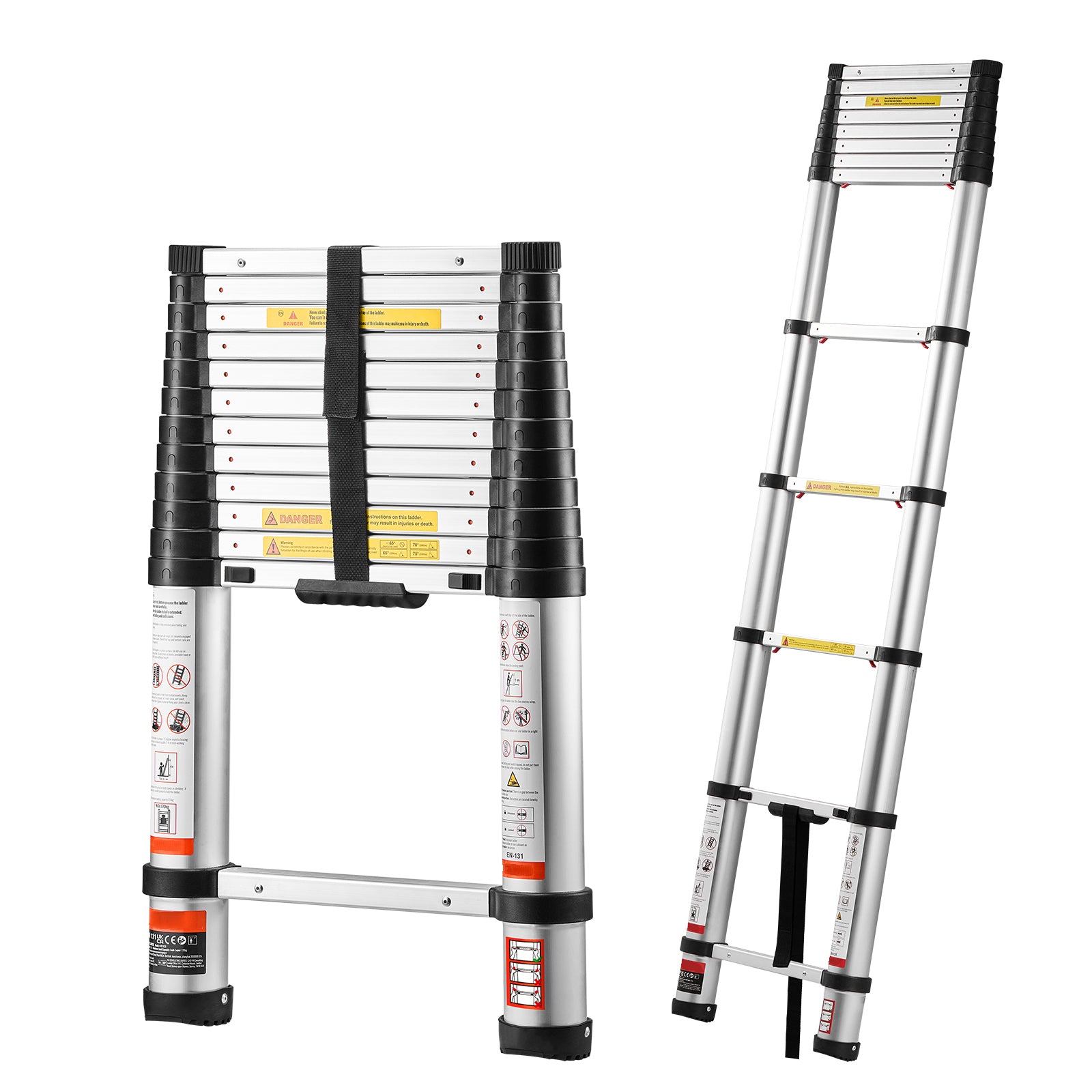 12.5FT Telescoping Aluminum Ladder — 330 lb Capacity, One‑Touch Retraction, Widened Steps, Silver