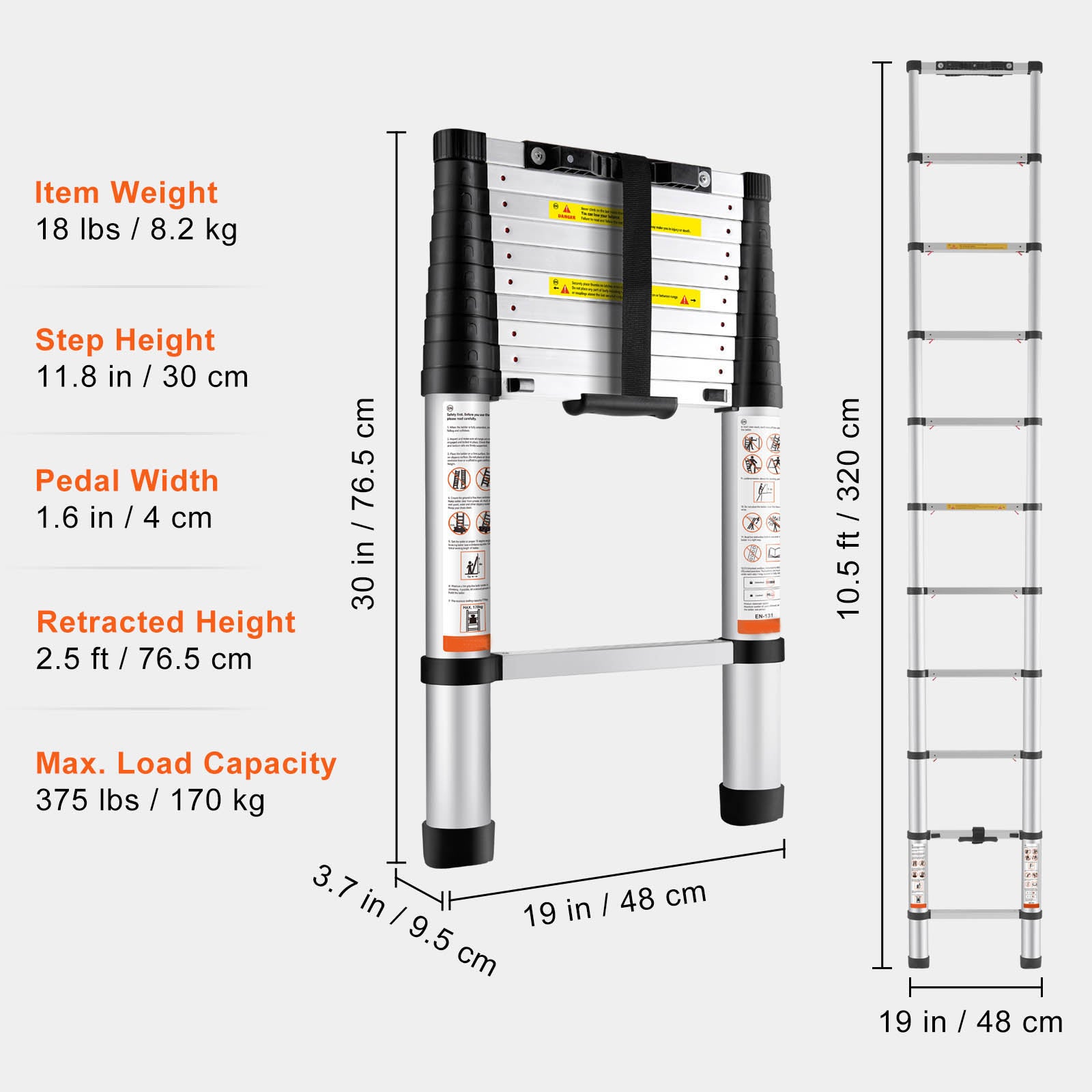 10.5FT Telescoping Aluminum Extension Ladder — 375 lb Capacity, One‑Button Retraction, Silver