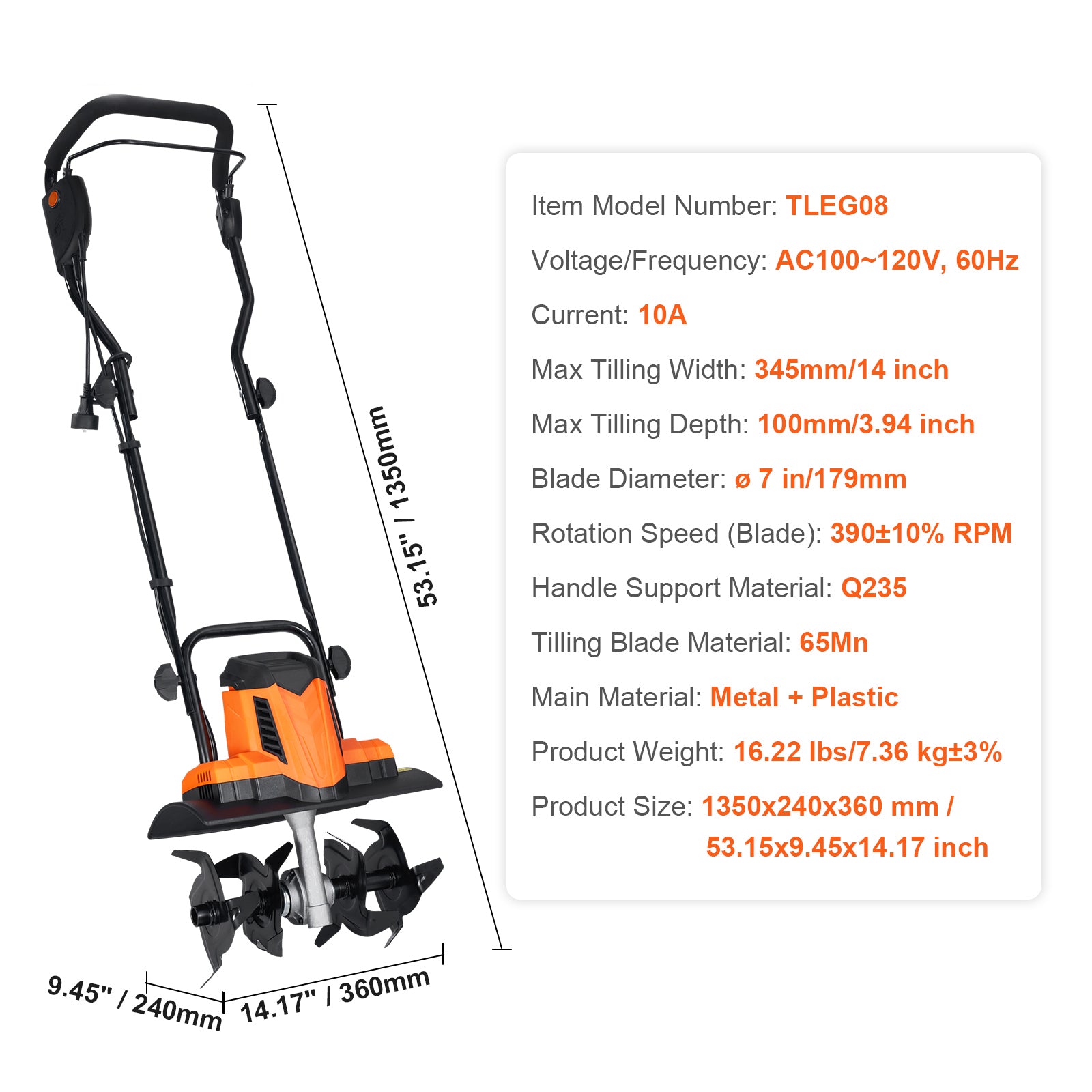 10 Amp Electric Tiller, 14" Tilling Width 3.94" Tilling Depth Corded Electric Tiller/Cultivator, Steel Mn Tines, Rototiller for Garden Lawn Soil Digging