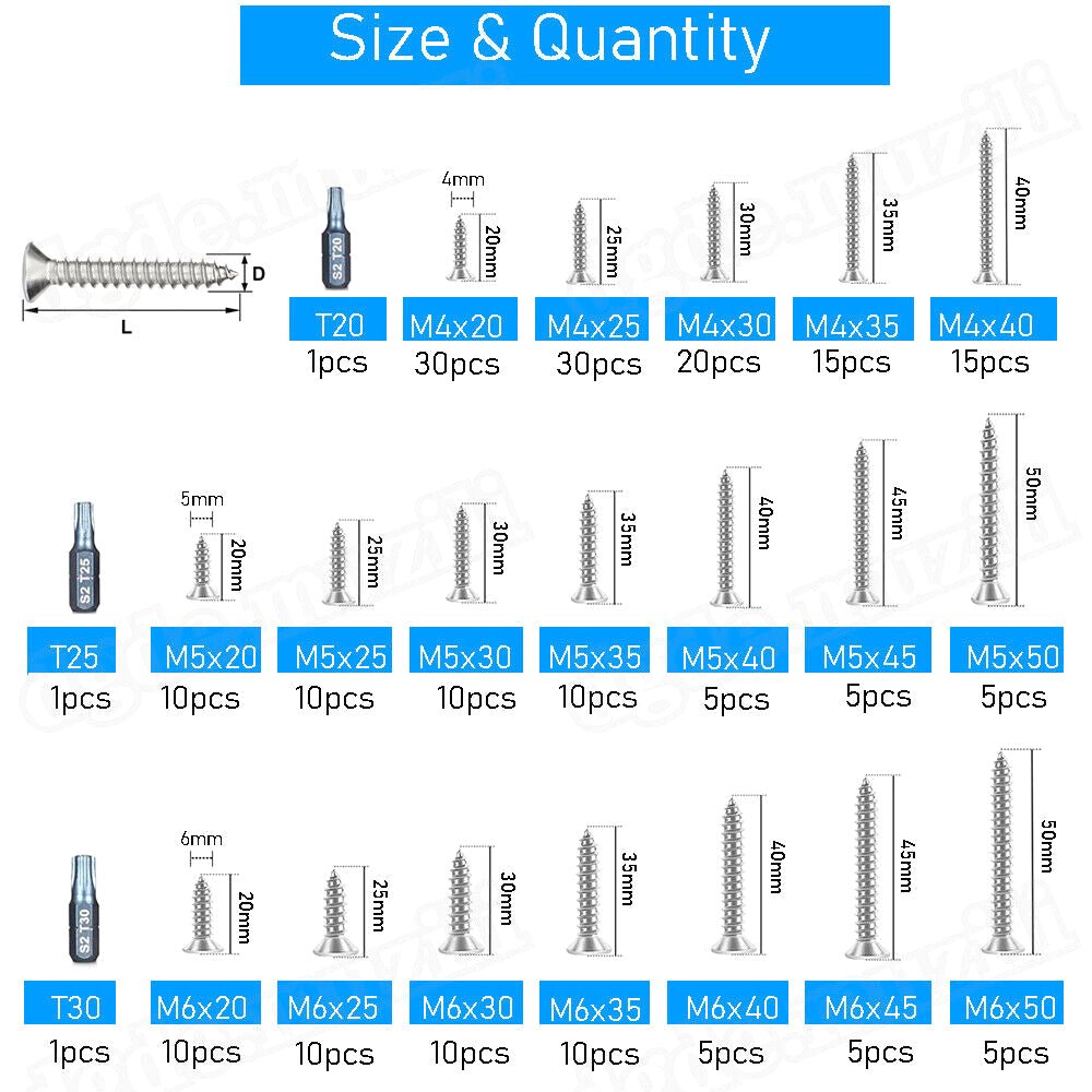 220pcs Sheet Metal Screws Stainless Steel A2 Torx Countersunk Self Tapping Set M4 M5 M6 - HomeDIYer