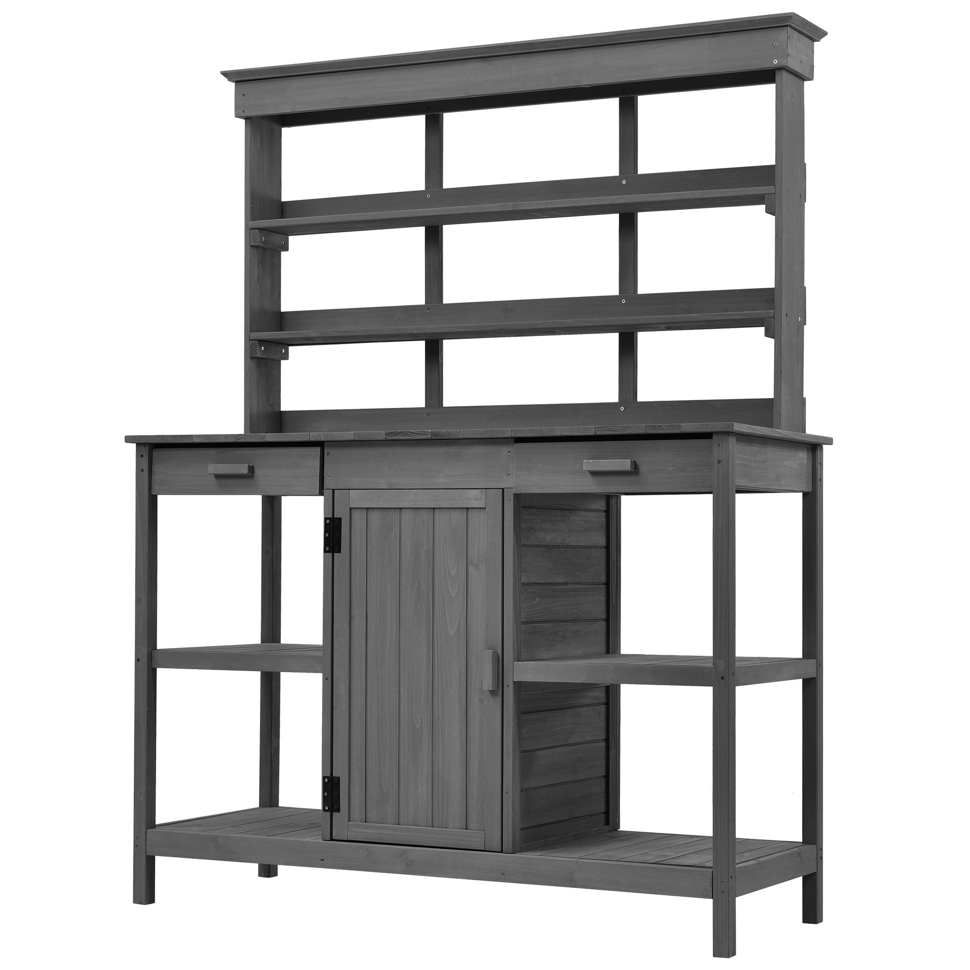 TOPMAX 66'' Large Outdoor Farmhouse Wooden Potting Bench Table, Garden Workstation with 2 Drawers,Cabinet and Open Shelves for Backyard, Mudroom, Gray
