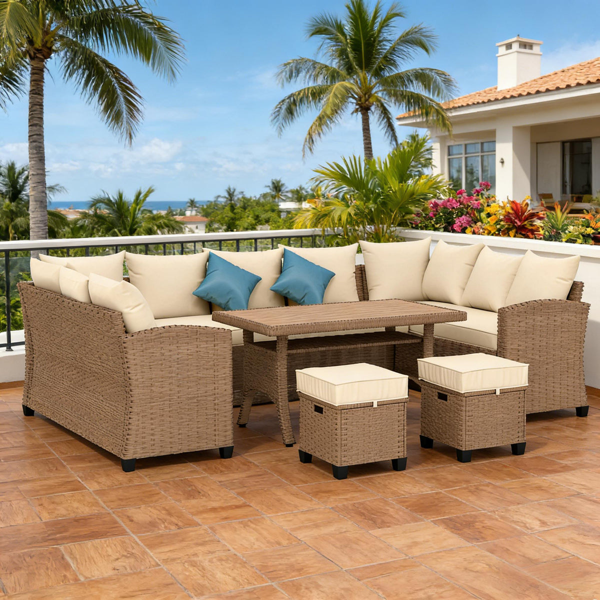 6-Piece Patio Sectional Sofa Set PE Rattan Outdoor Conversation Set